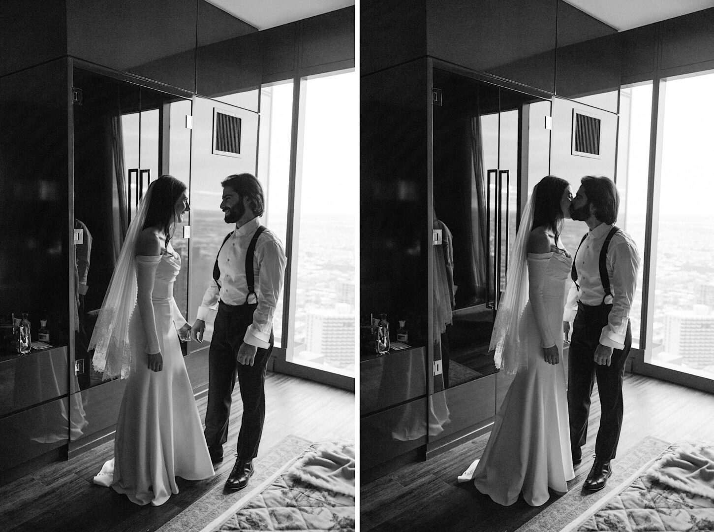 Two black and white photos side by side show a bride and groom standing near a large window at the Kimmel Center, sharing an emotional moment and a kiss in a modern room.
