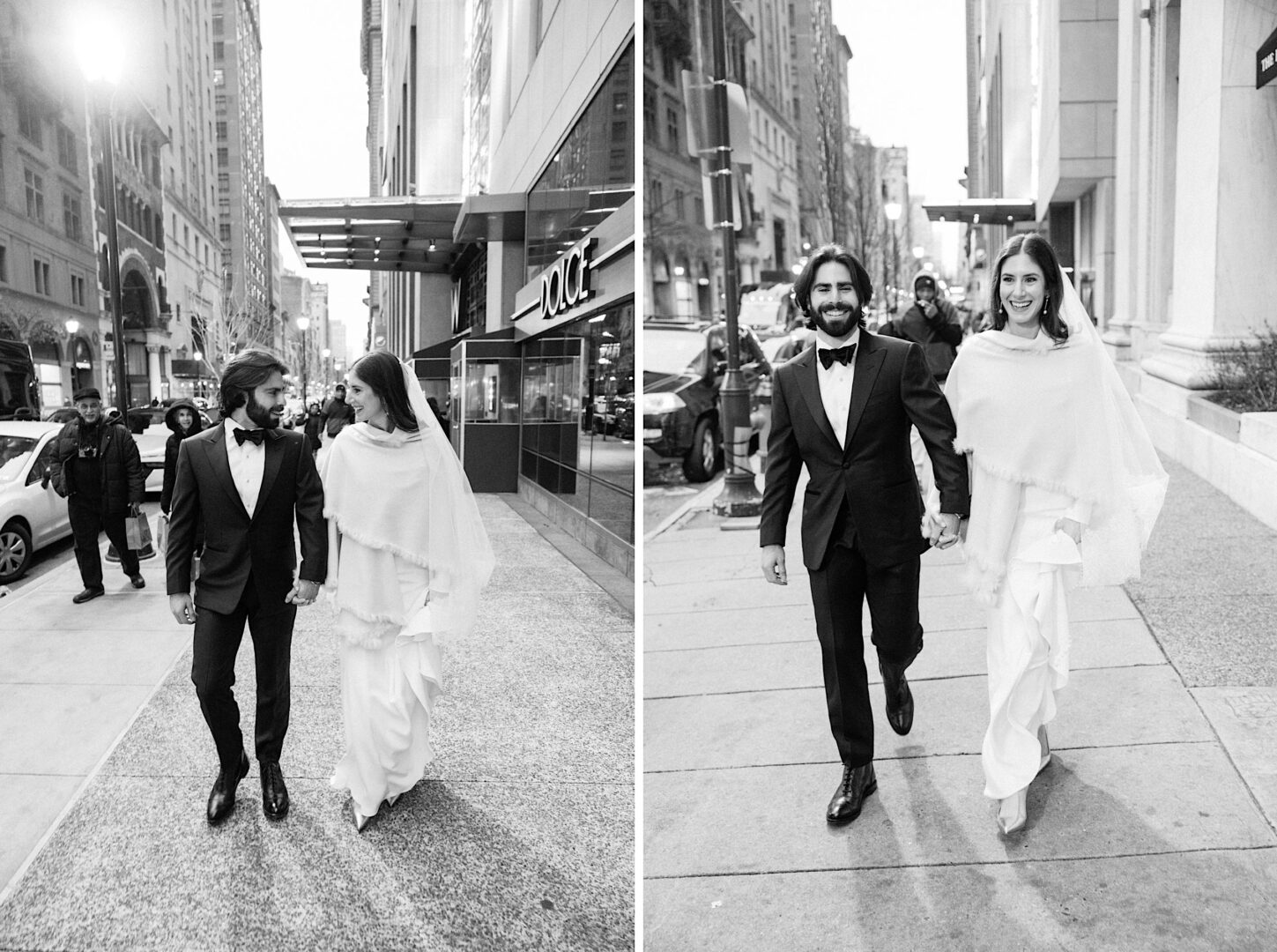 A couple dressed in wedding attire strolls hand in hand on a city sidewalk near the Kimmel Center, smiling and looking at each other in one image and at the camera in another. The urban street with tall buildings provides a stunning backdrop for their New Year's Eve celebration.