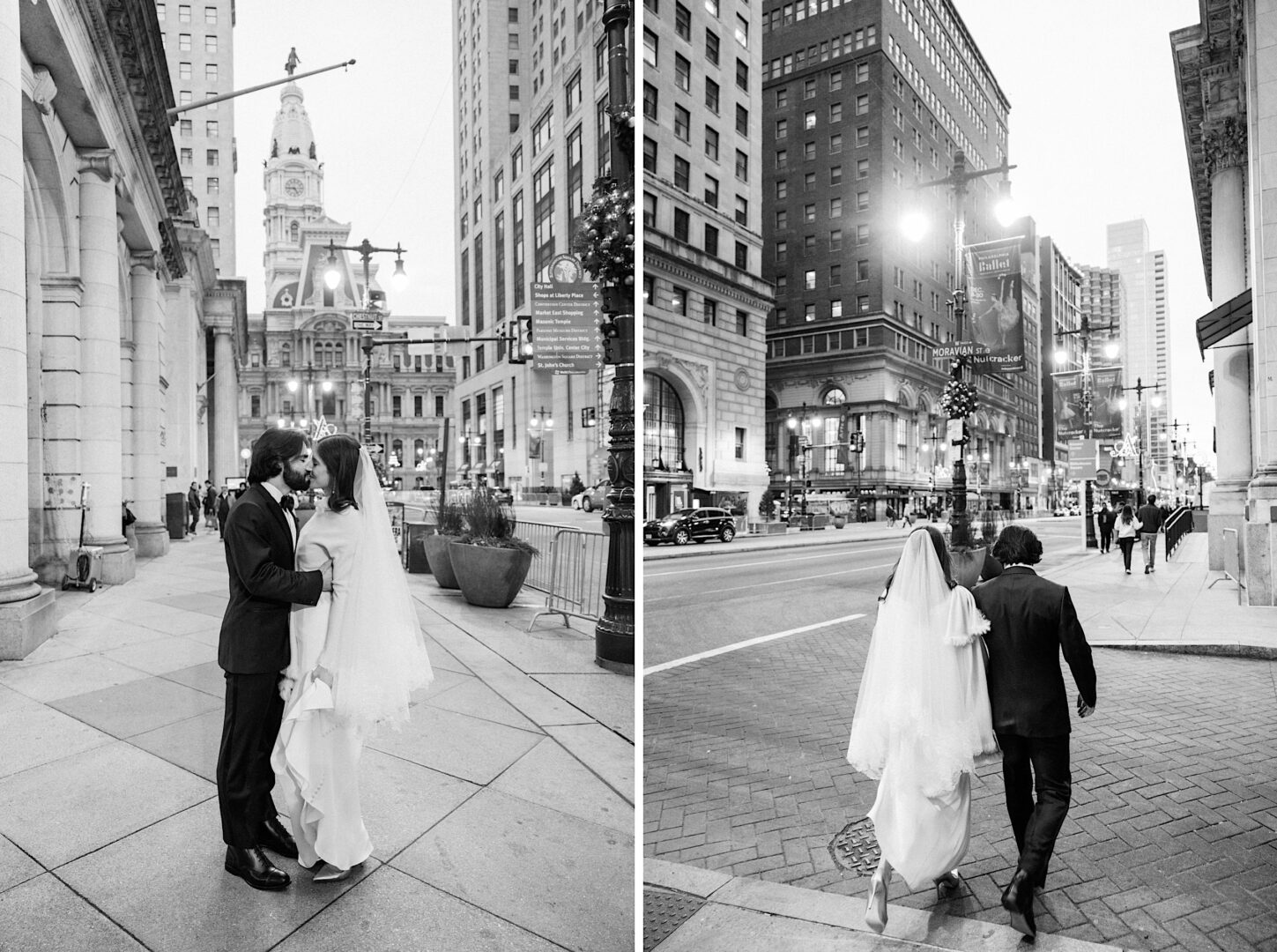 A bride and groom walk together in a city setting, with the bride wearing a white dress and veil, and the groom in a dark suit. The backdrop of Philadelphia's tall buildings and bustling streets leads them toward the iconic Kimmel Center, adding an extra touch of magic to their wedding day.