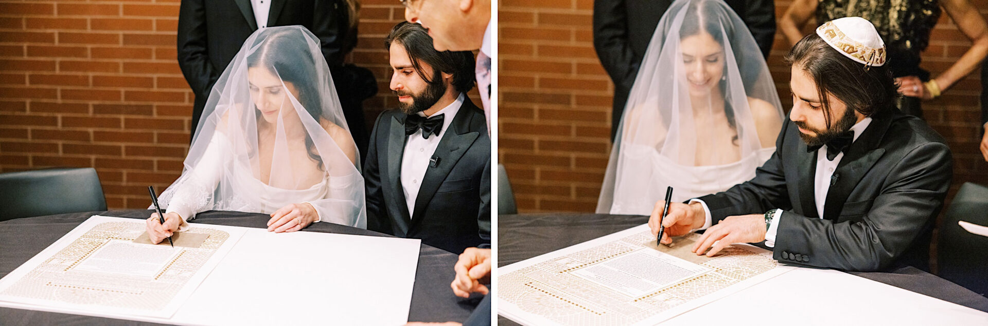 A bride and groom, both in formal attire, are seen signing a marriage document in a ceremonial setting at the Kimmel Center. The bride wears a veil while the groom is seen donning a kippah in one of the images.