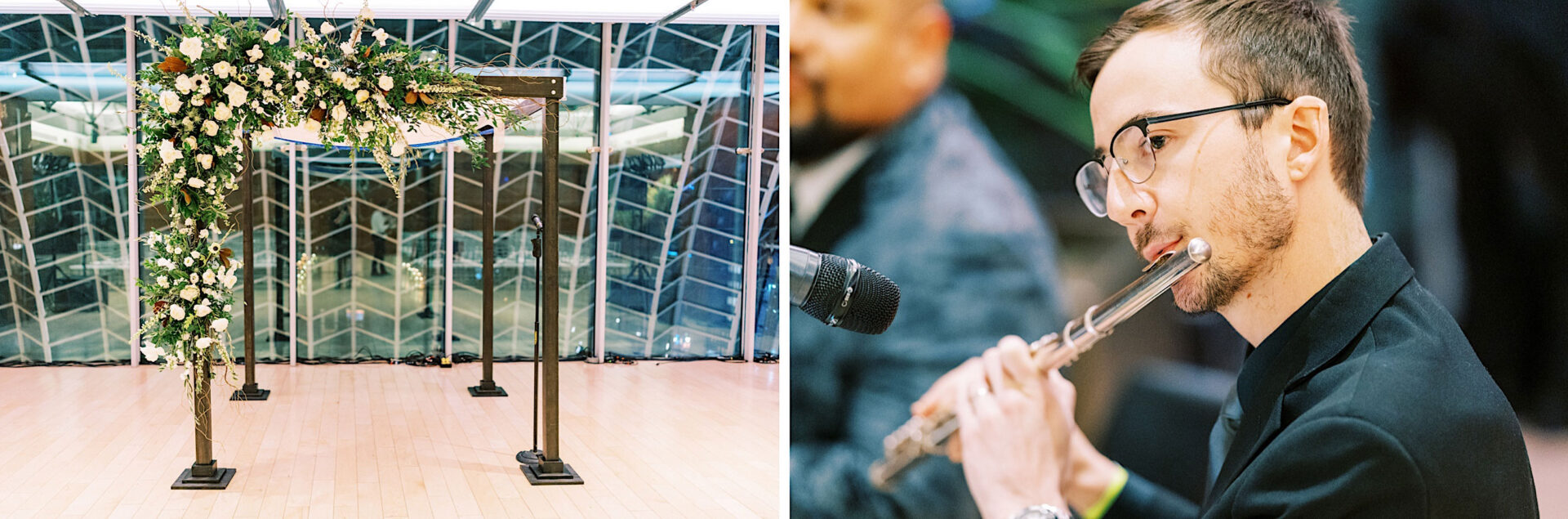 A floral-decorated wedding arch stands on the left, while on the right, a man wearing glasses plays the flute into a microphone, reminiscent of an elegant New Year's Eve celebration at Philadelphia's Kimmel Center.