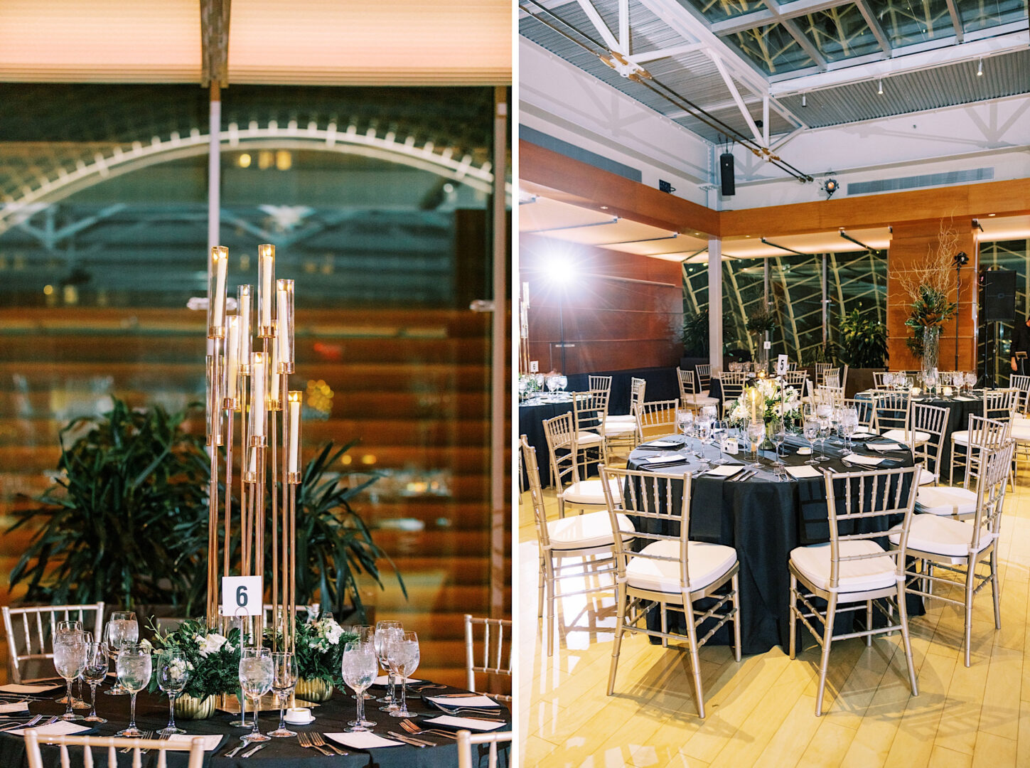 Two images showing an elegant indoor event setup with round tables. The left image focuses on a table centerpiece with tall candle holders, perfect for a wedding at the Kimmel Center. The right image captures multiple tables arranged with chairs, ideal for a New Year's Eve celebration.