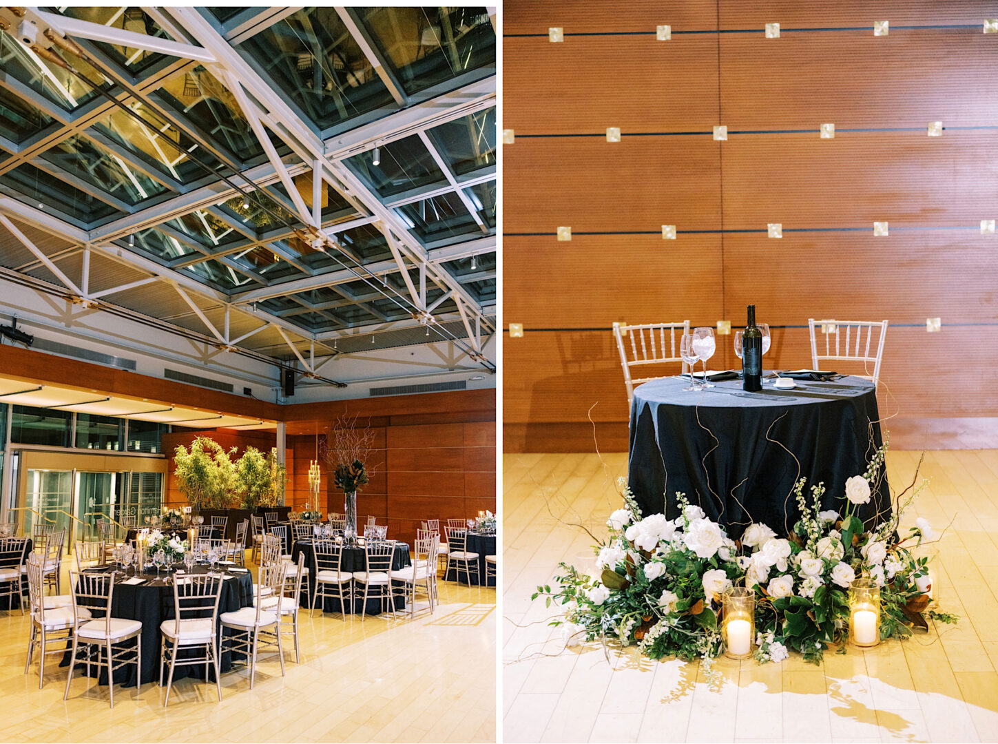 A modern indoor event space set with round tables draped in black tablecloths, silver chairs, and a decorated sweetheart table with candles, flowers, and a wine bottle under the large glass ceiling of Philadelphia's Kimmel Center. Perfect for an elegant New Year's Eve celebration.