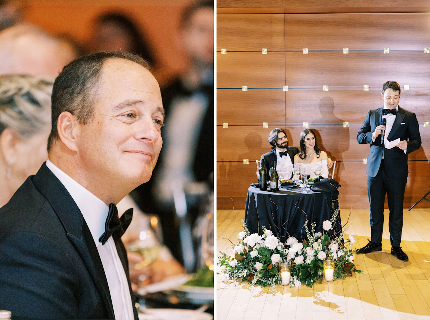 A formally dressed man smiles during an event (left). At the Kimmel Center in Philadelphia, a speaker in a tuxedo delivers a wedding speech to a seated couple at a decorated table (right).