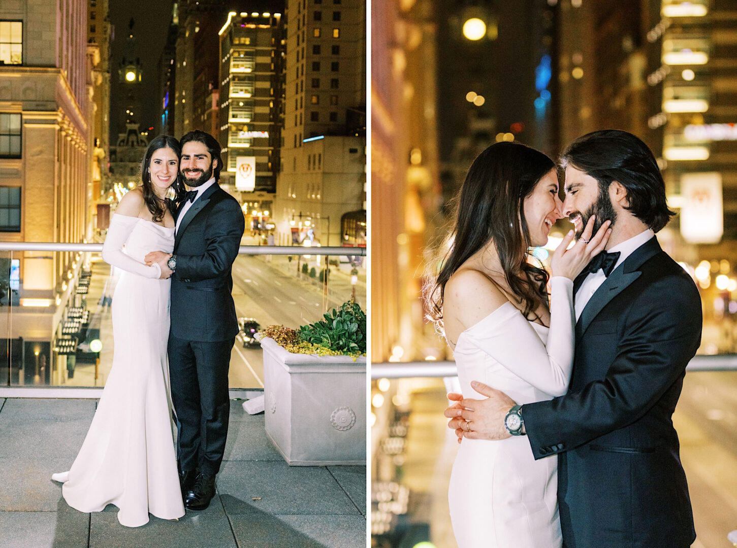 A couple in formal attire embraces and poses on a city rooftop at night, celebrating their wedding. The background showcases illuminated buildings and streets, reminiscent of the dazzling views from the Kimmel Center on New Year's Eve.