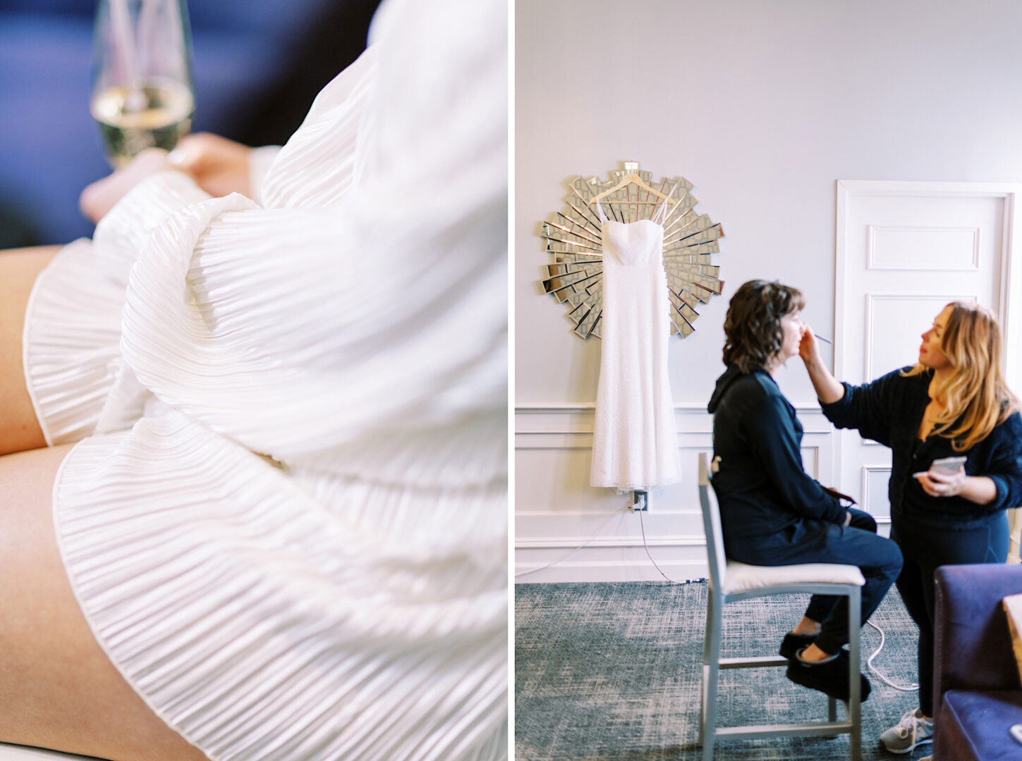 Close-up of a person in a white robe with champagne on the left; to the right, a makeup artist works magic on someone seated. A stunning white dress hangs nearby, ready for the Ballroom at Ellis Preserve Wedding.