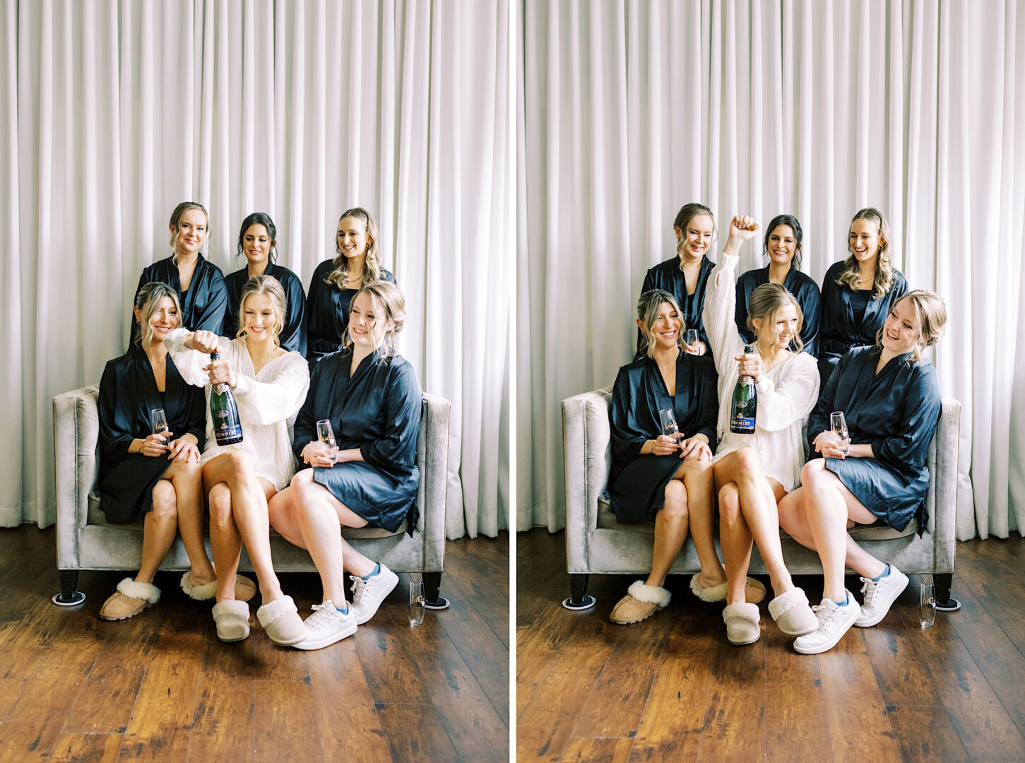 Five women in robes sit and stand on a couch in front of a white curtain at the Ballroom at Ellis Preserve. Two in front hold a champagne bottle and glasses, smiling warmly.