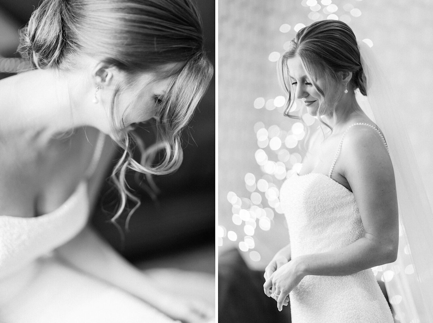 Black and white images of a woman in a sleeveless dress with her hair in an updo capture the elegance of a Ballroom at Ellis Preserve wedding. She looks down thoughtfully in the left image, while smiling warmly in the right, with blurred lights adding a dreamy backdrop.