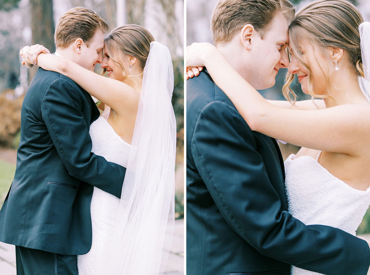 A bride and groom embrace closely outdoors at their Ballroom at Ellis Preserve wedding, with the bride in a white gown and the groom in a dark suit. They are touching foreheads and smiling softly at each other.