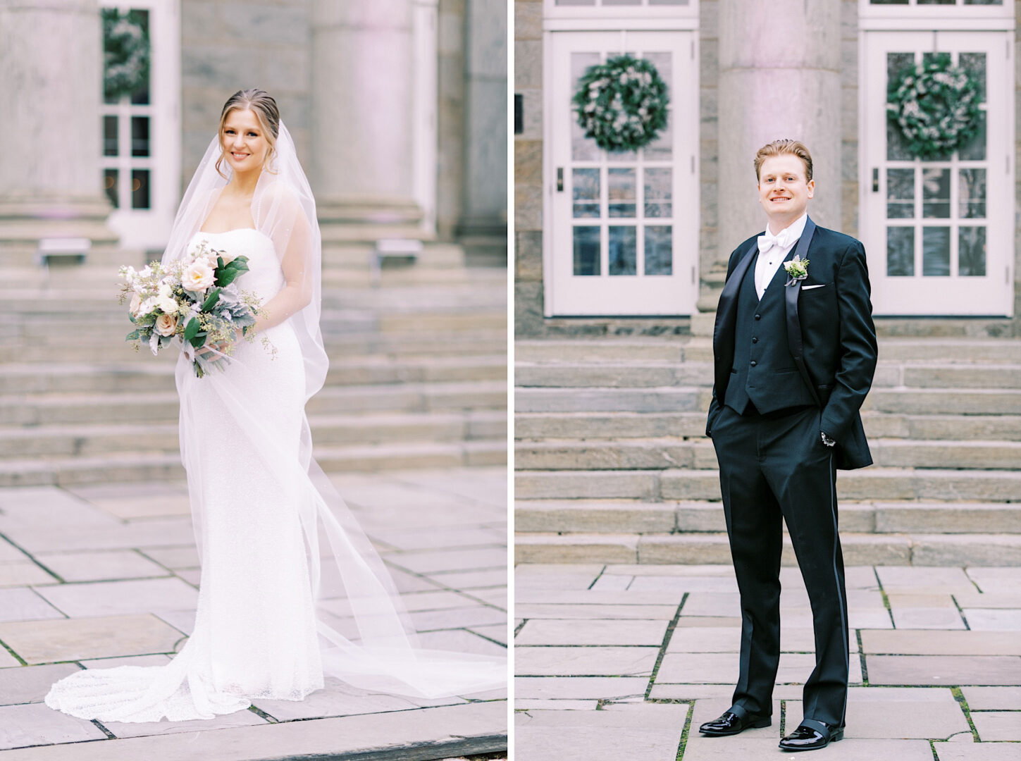 A bride in a white dress holding a bouquet and a groom in a black suit pose separately outdoors at the Ballroom at Ellis Preserve, with charming wreaths adorning the building's doors.