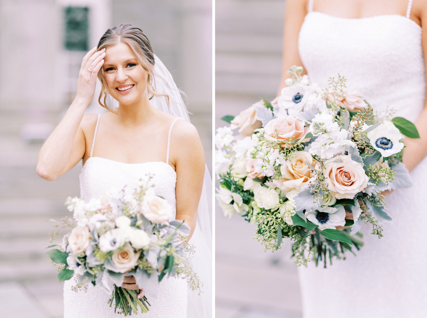 At the Ballroom at Ellis Preserve Wedding, a bride in a white dress holds a bouquet of pastel roses and white flowers, smiling with her hand touching her hair.