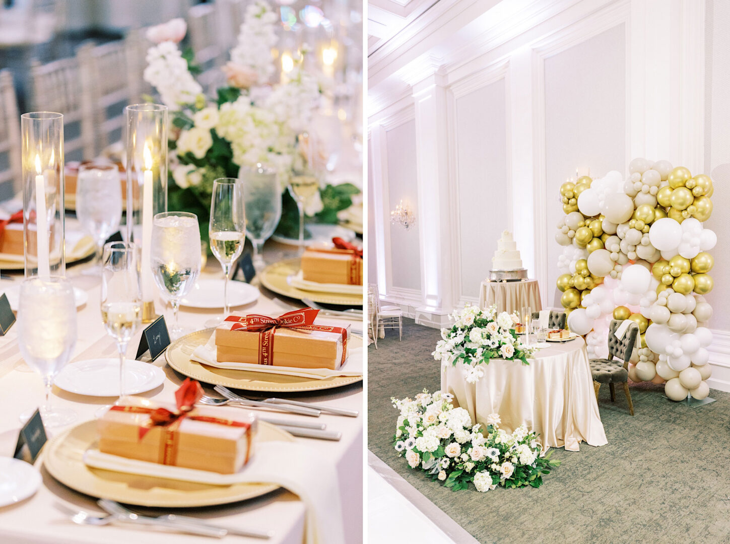 Elegant wedding setup at the Ballroom at Ellis Preserve, featuring a decorated table with place settings, gift boxes, and glasses on the left. On the right, a cake table adorned with flower arrangements and a gold-white balloon arch completes the sophisticated scene.