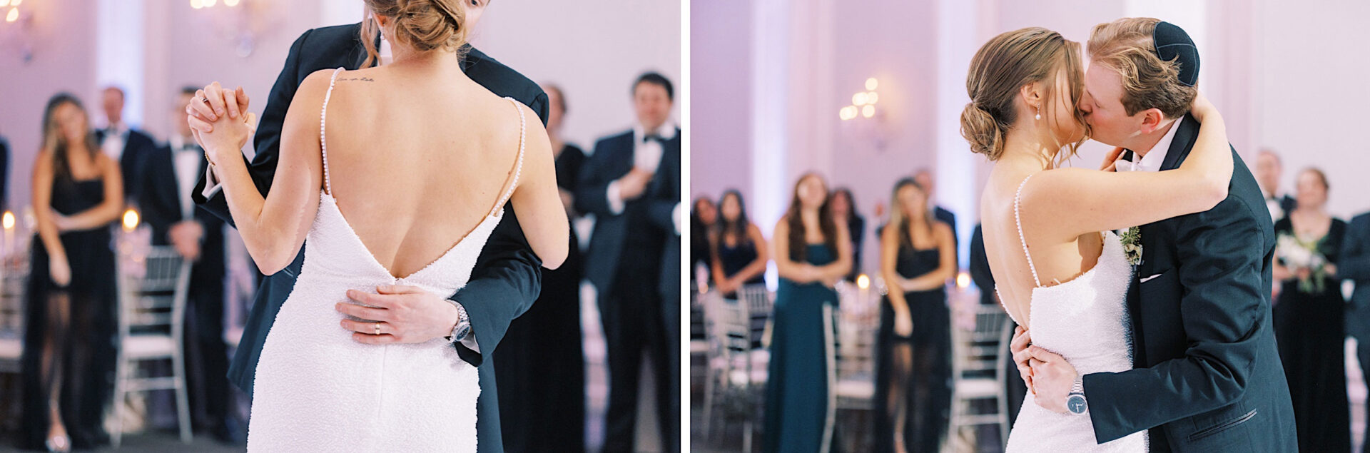 A couple in wedding attire dances closely at a Ballroom at Ellis Preserve Wedding; the bride wears a backless gown, and the groom a yarmulke and suit.