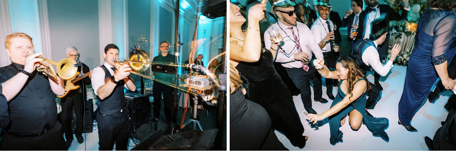 Two blurred images capture the lively essence of celebration: the left showcases musicians passionately playing instruments, while the right unveils people dancing energetically in a festive setting, reminiscent of a memorable Ballroom at Ellis Preserve wedding.