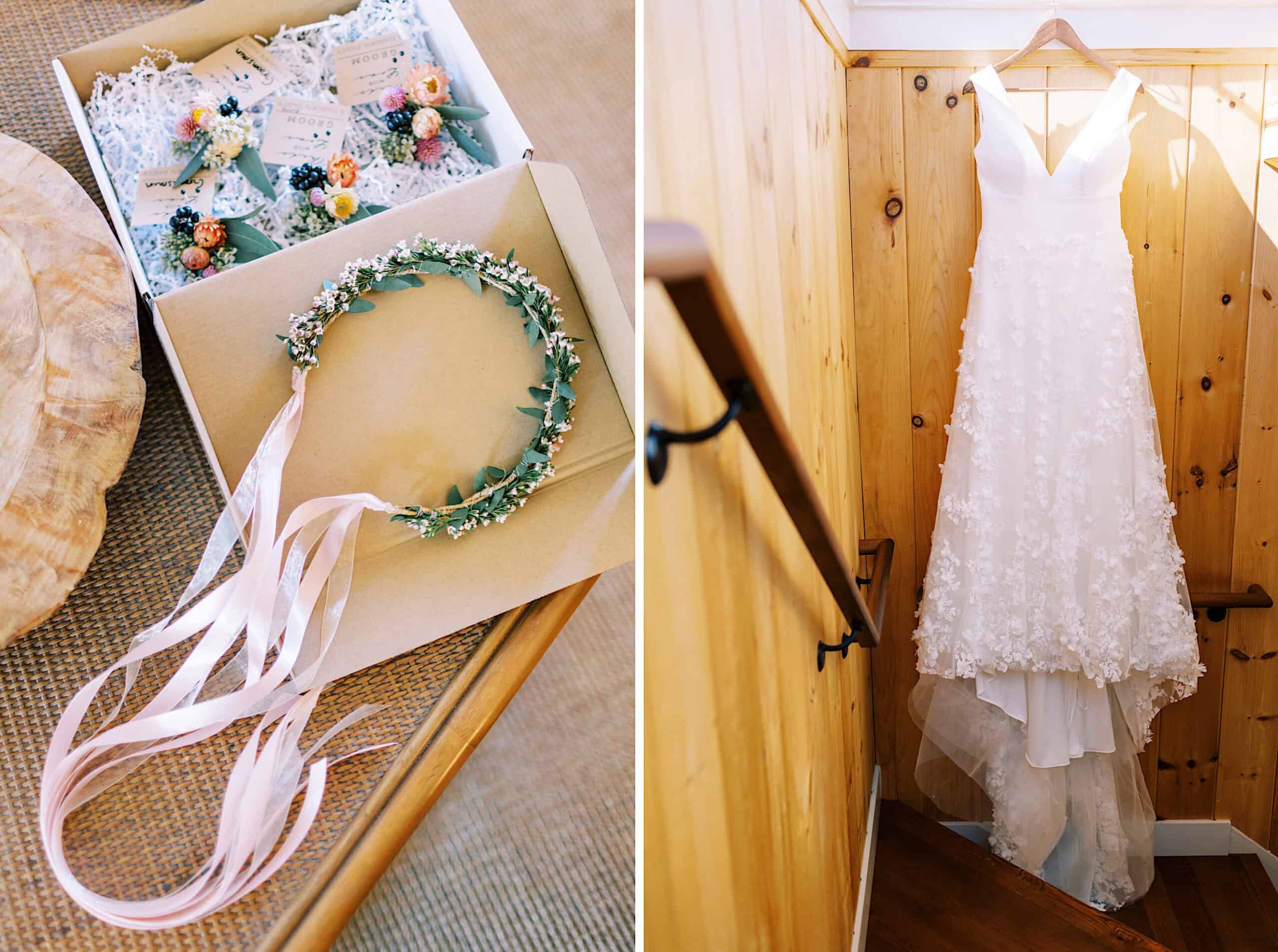 A floral headpiece with pink ribbons and a lace wedding dress hanging on a wooden wall are shown in two side-by-side images, capturing romantic details from a Beach Plum Farm Wedding.