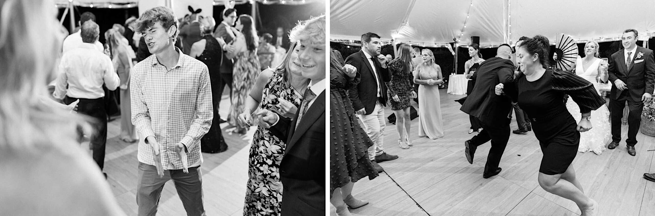 Two black-and-white photos of people dancing and socializing at a Beach Plum Farm Wedding, with string lights overhead and wooden floors beneath their feet.