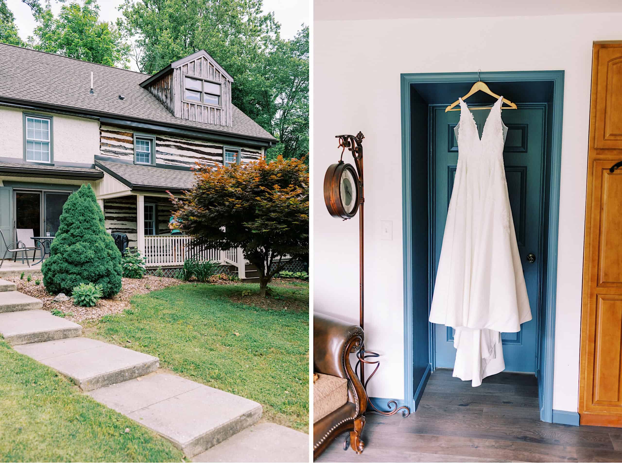 Left: Exterior of a two-story house with a porch and landscaped yard. Right: White wedding dress hanging on a blue door inside a room, ready for a Summer Wedding at The High Point.