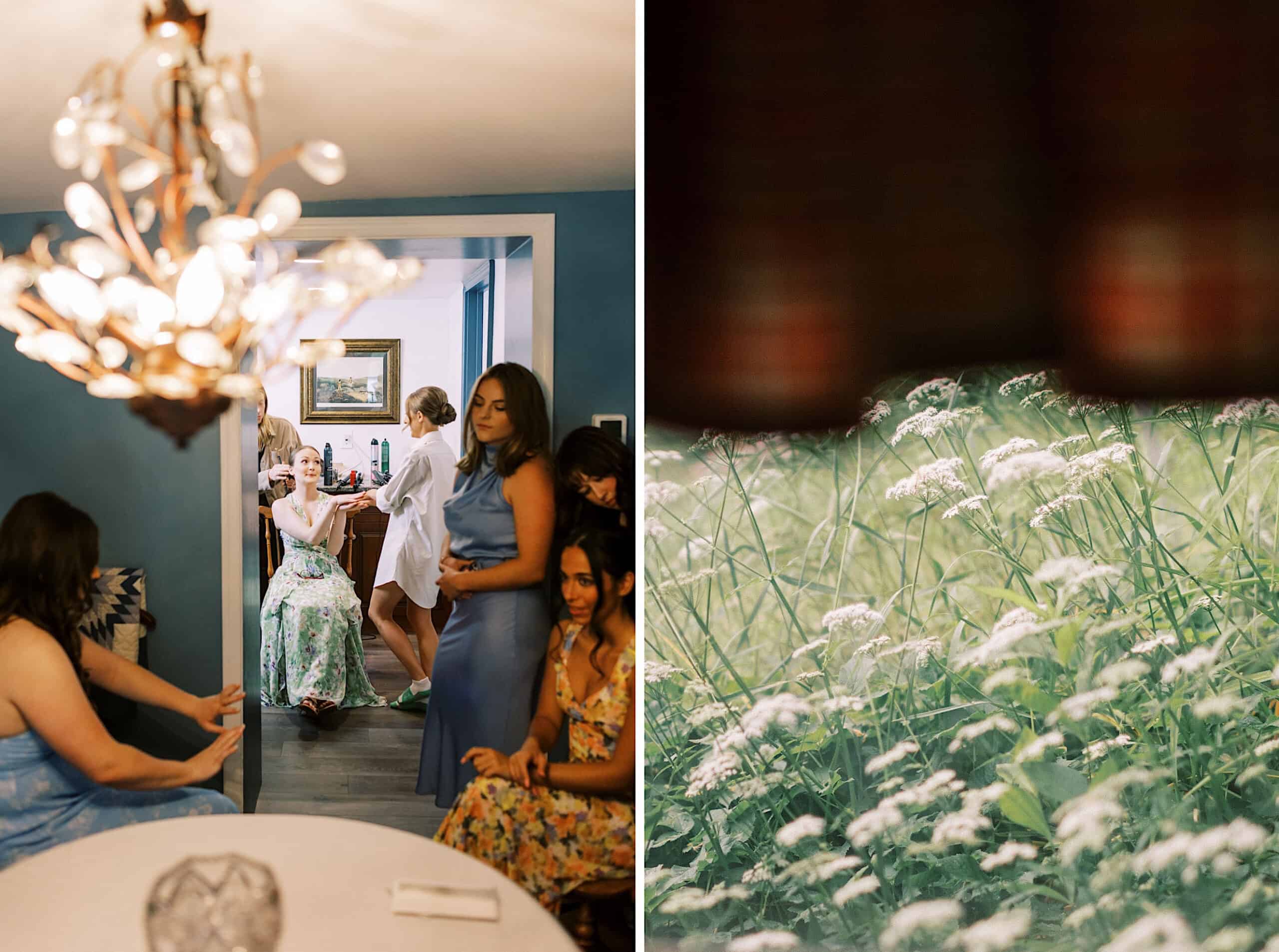 Left: Several women gather in a blue room, some seated and some standing, as one adjusts her dress before the Summer Wedding at The High Point. Right: Close-up of wildflowers in a field.