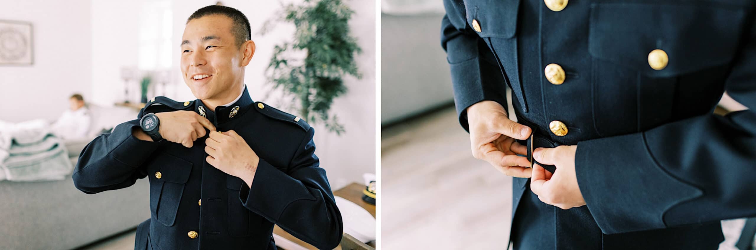 A person in a dark military-style uniform buttons their jacket, smiling, as they prepare for a Summer Wedding at The High Point. A living room and another person are blurred in the background.
