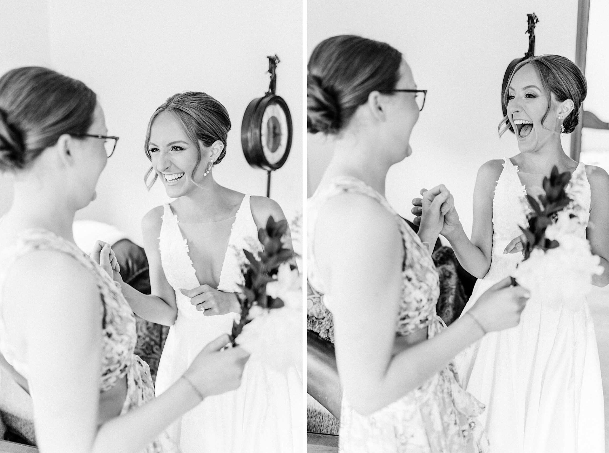 Two women, one in a wedding dress and one in a floral dress, laugh and share a joyful moment indoors during a Summer Wedding at The High Point. The black and white image is split into two side-by-side frames.