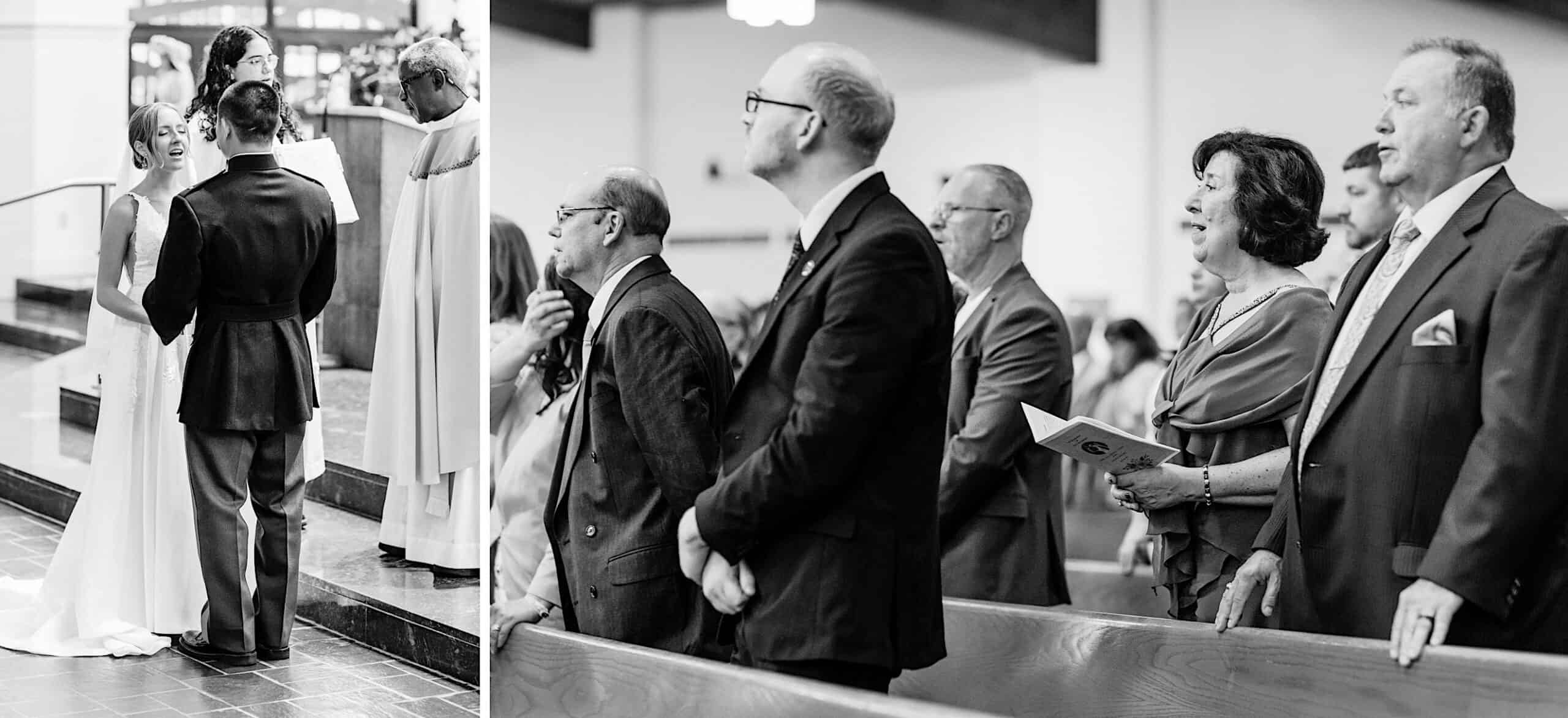 A bride and groom stand at the altar during their Summer Wedding at The High Point as guests watch and sing from pews in a beautifully adorned church.