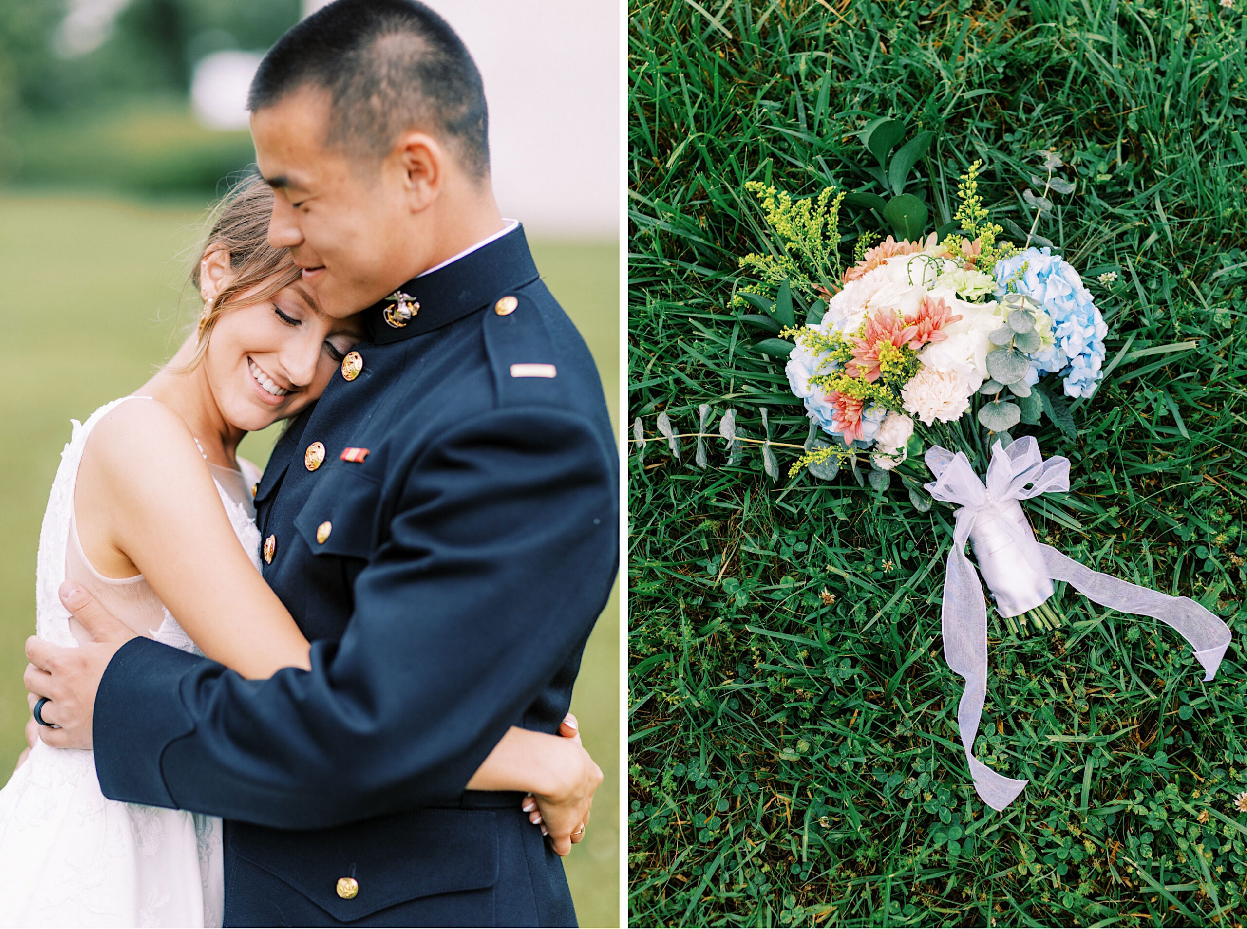 A couple embraces, with the man in a military uniform and the woman in a white dress—capturing the joy of a Summer Wedding at The High Point, as their bridal bouquet rests on lush green grass.