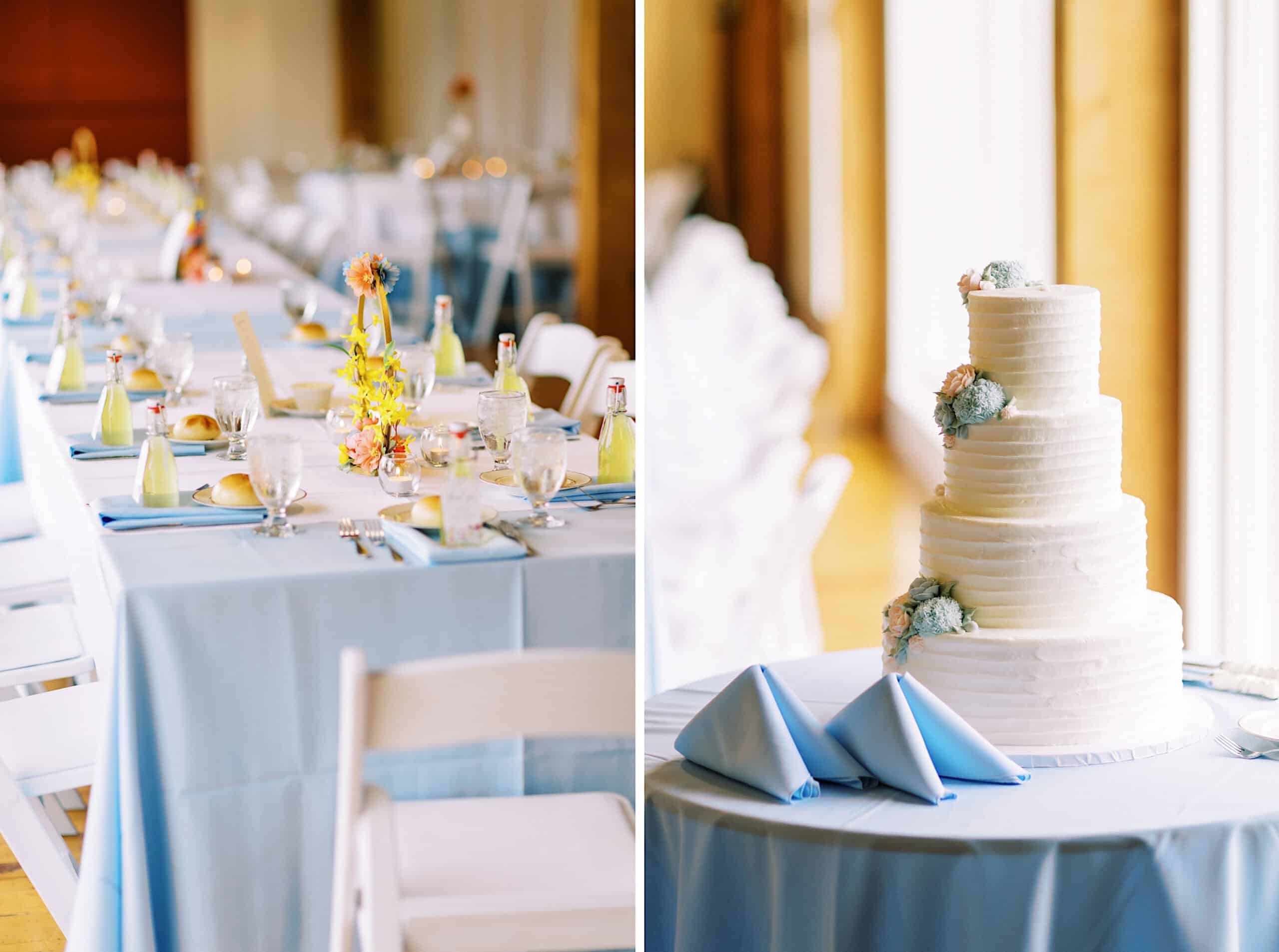 A long banquet table with blue tablecloths and elegant settings sits on the left, while a three-tier white wedding cake with floral decorations awaits on the right—perfect for a Summer Wedding at The High Point.