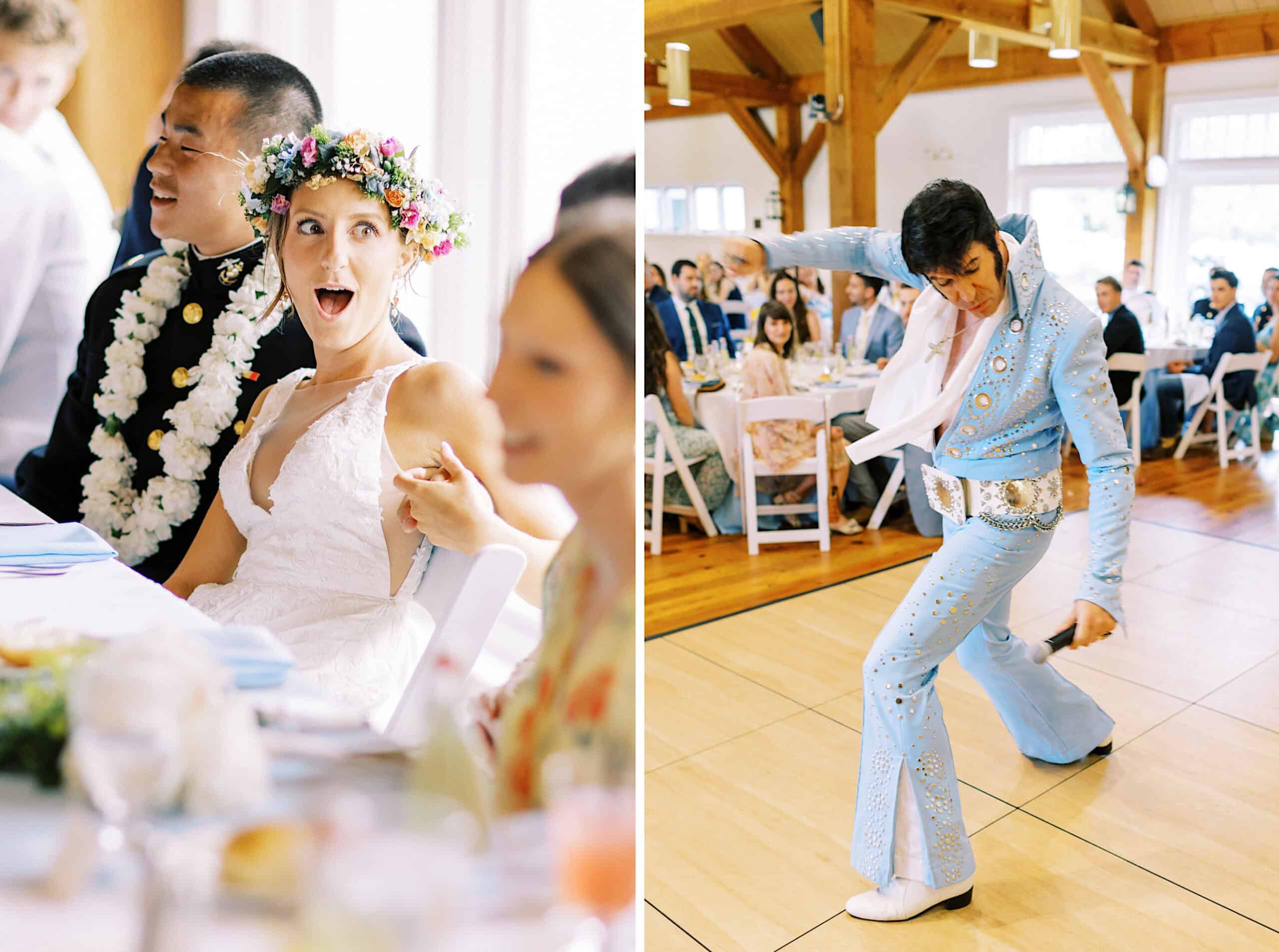 At their Summer Wedding at The High Point, a bride and groom react with surprise and excitement as an Elvis Presley impersonator performs in front of seated guests.