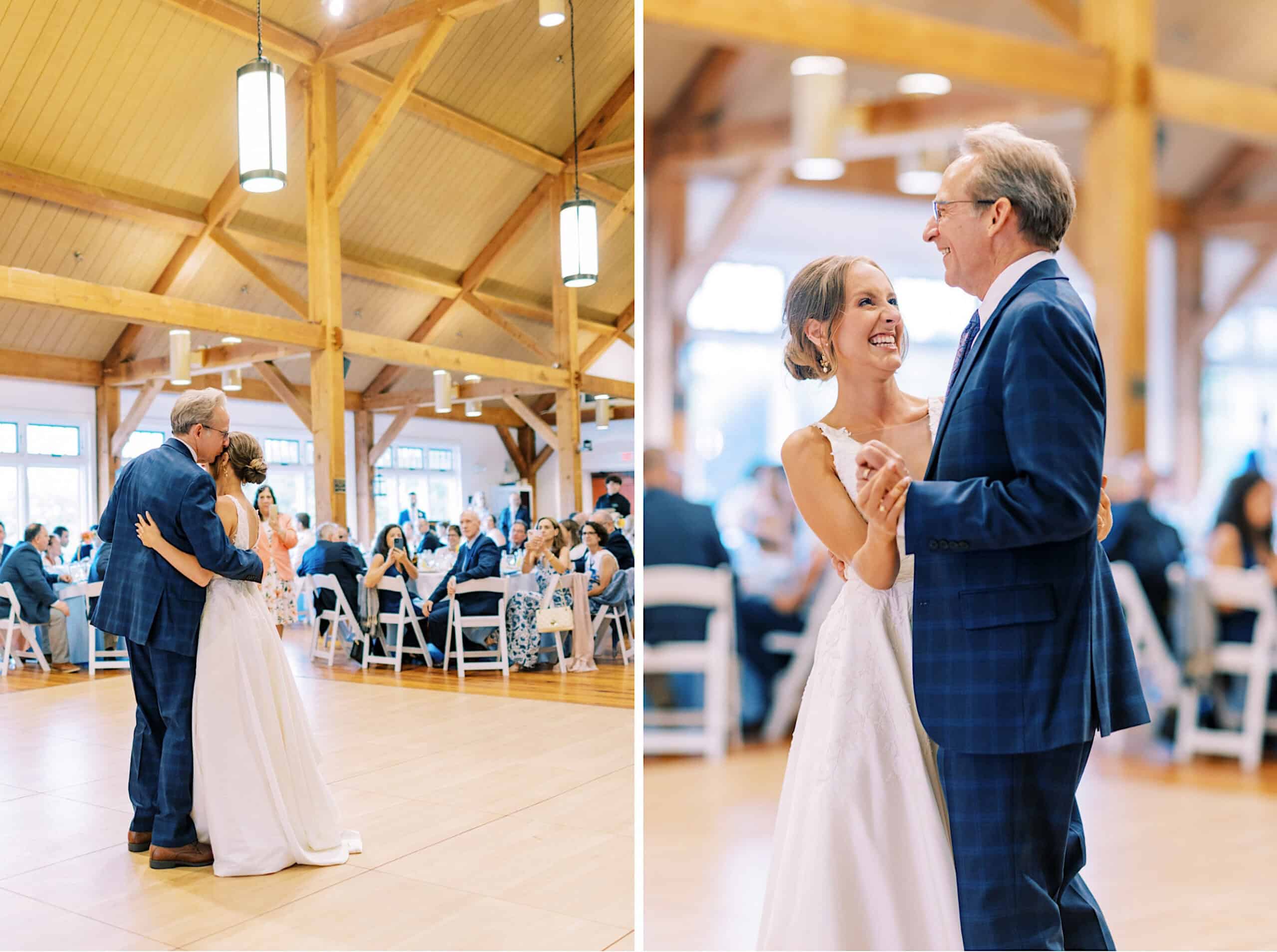 A bride and an older man, likely her father, share a dance at a Summer Wedding at The High Point, with guests seated at round tables in the wooden hall.