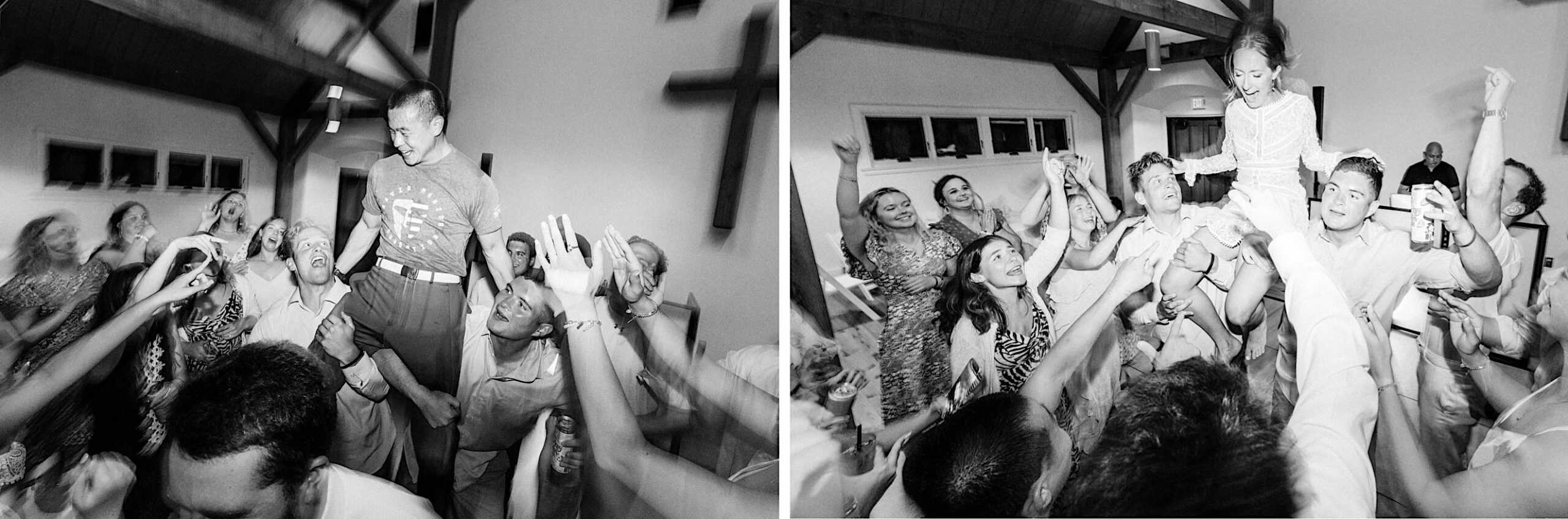 Two black-and-white photos capture a Summer Wedding at The High Point, with people celebrating indoors as a person is lifted on others' shoulders amid a cheering crowd.