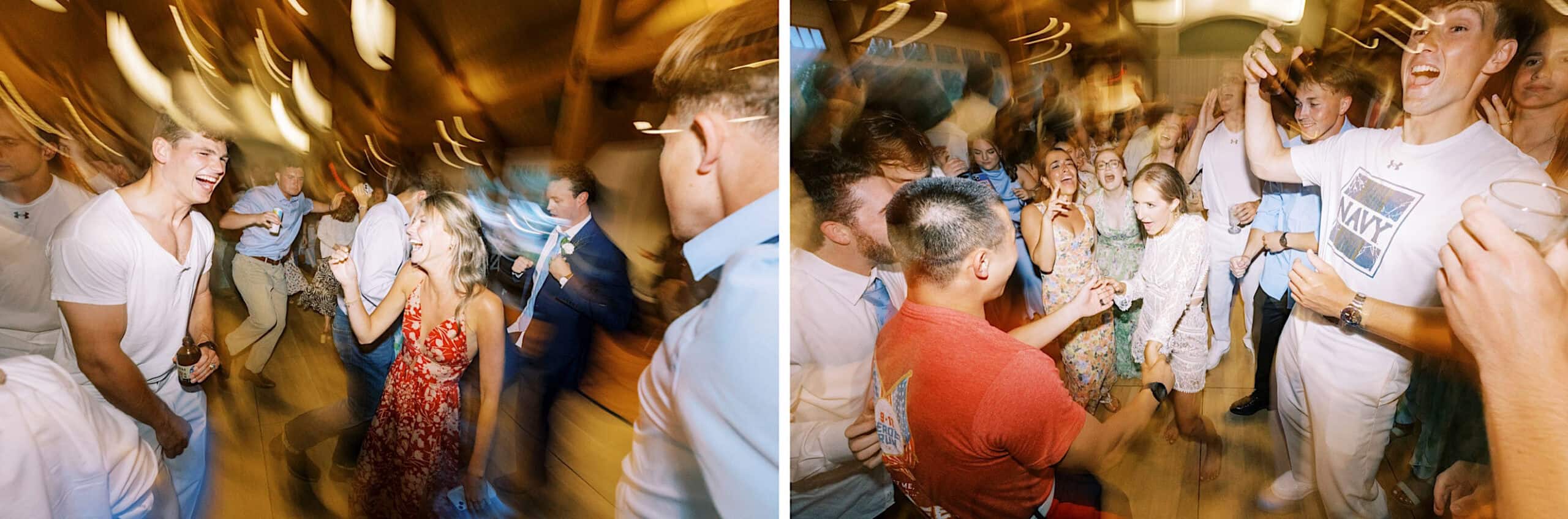 Two photos capture a group dancing and celebrating indoors at a Summer Wedding at The High Point, with motion blur highlighting their energetic movements and joyful expressions.