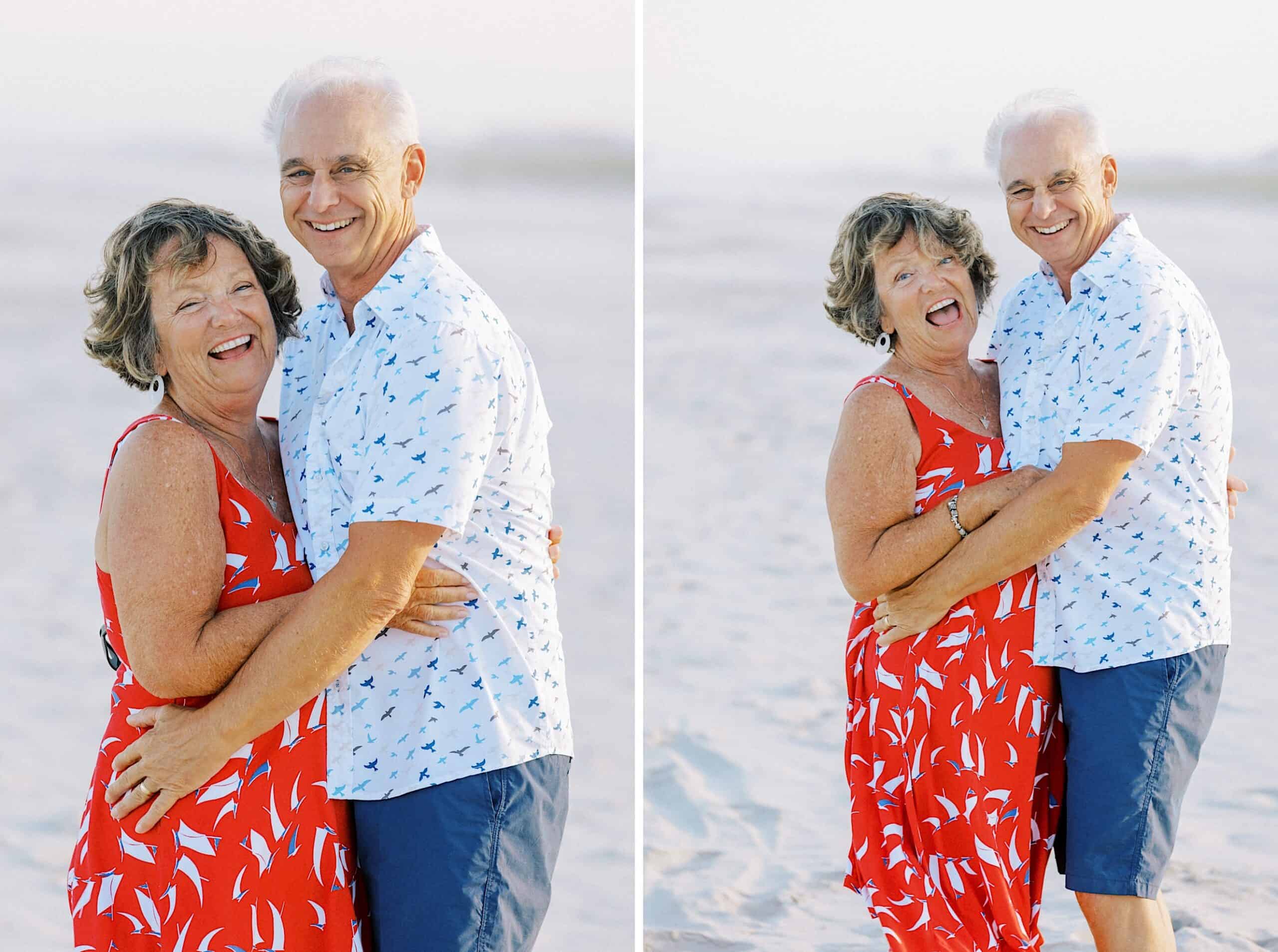 An older couple stands on a sandy beach, smiling and hugging in summery clothes; the woman wears a red dress, and the man wears a white patterned shirt and blue shorts—capturing sweet Jersey Shore Family Photos.