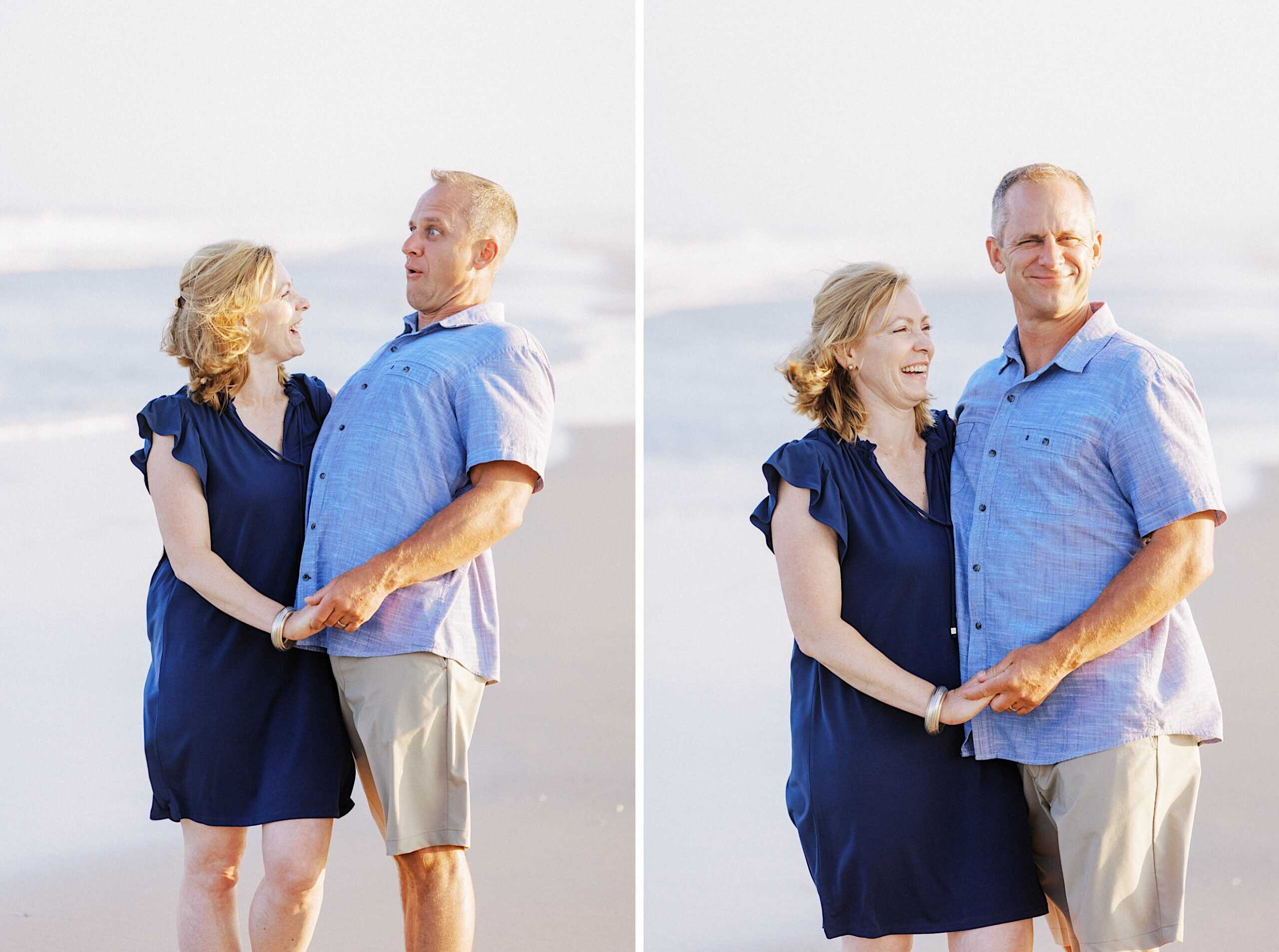 A man and woman stand on a beach holding hands, smiling at each other in one image and posing side by side in another—capturing classic Jersey Shore Family Photos.