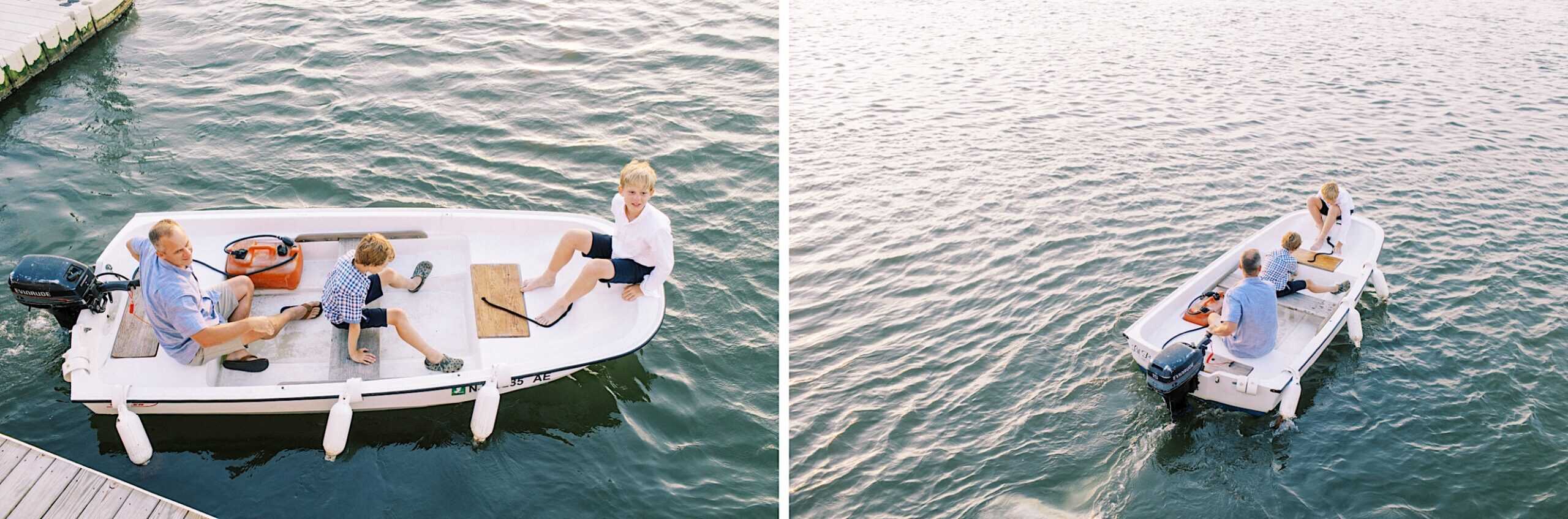 Two boys and an older man sit in a small motorboat near a dock in the first image; in the second, the boat moves away from the dock on calm water—classic Jersey Shore family photos capturing summer memories.