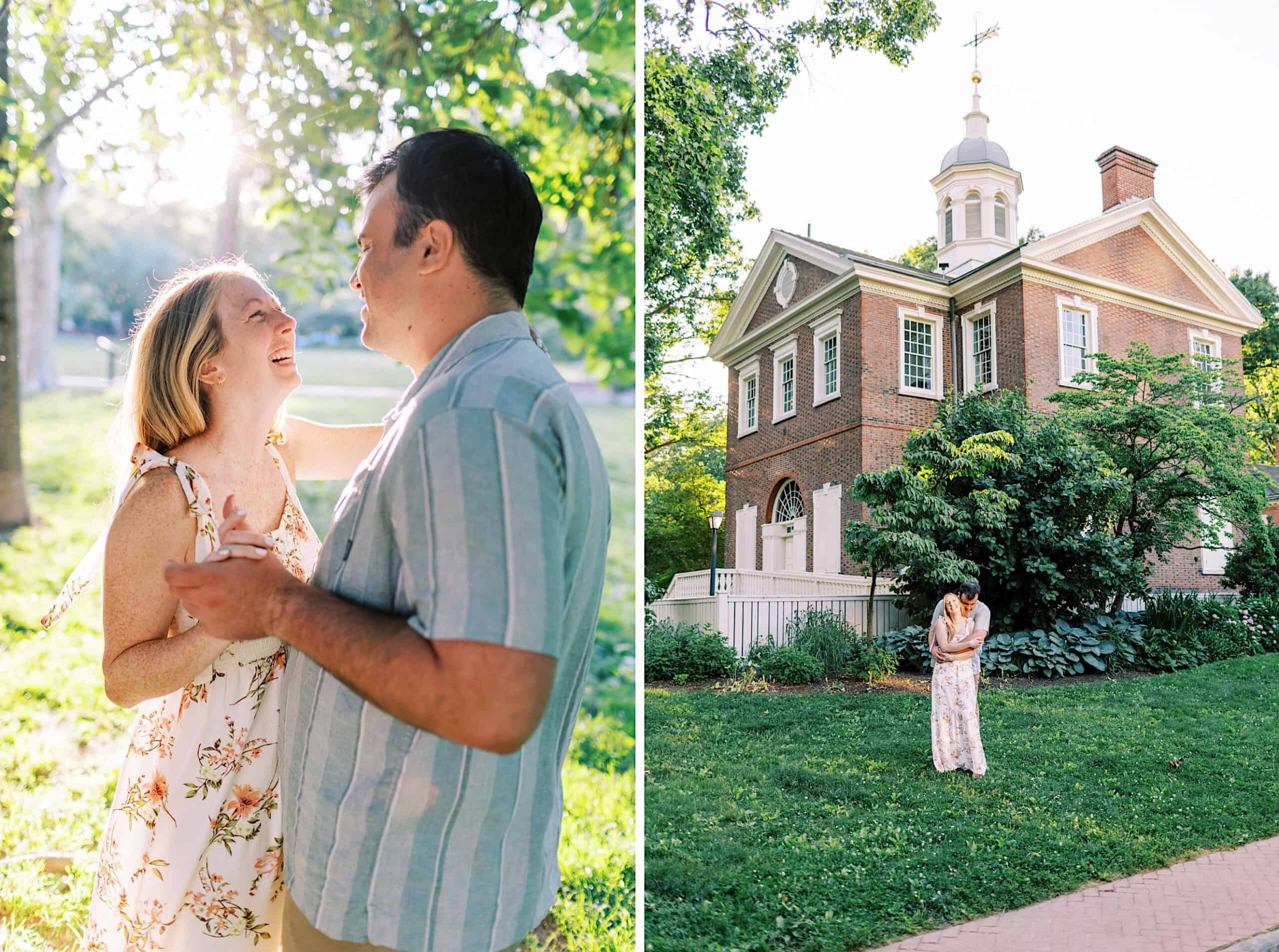 A couple smiles and holds hands in a sunlit park on the left; on the right, they embrace in front of a large brick building surrounded by greenery, capturing timeless Old City Philadelphia engagement photos.