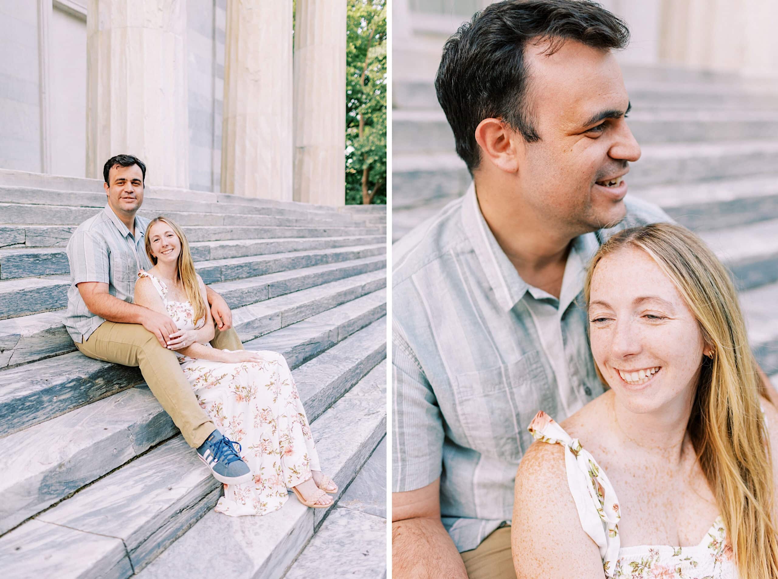 A man and woman sit together on stone steps outside a building with columns, smiling and enjoying each other's company during their Old City Philadelphia engagement photos.