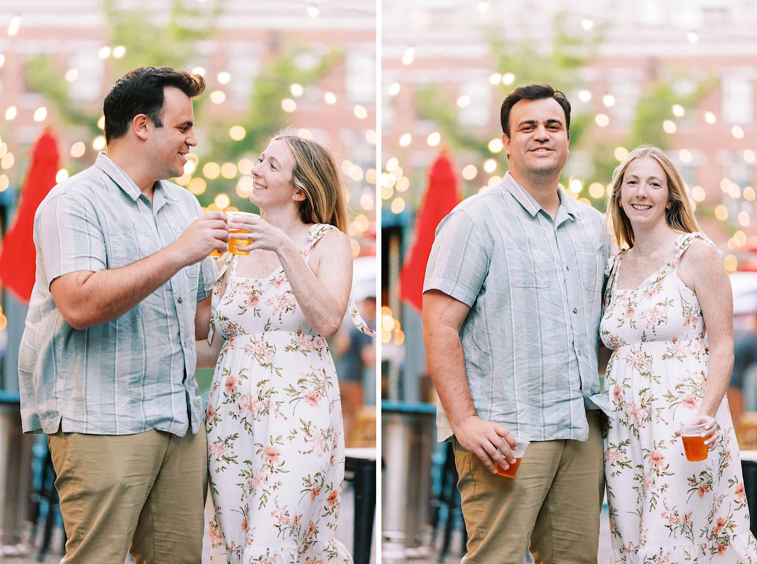 A man and woman stand outdoors holding drinks, smiling at each other in one photo, then facing the camera in the other. String lights and a blurred city background complete these charming Old City Philadelphia engagement photos.