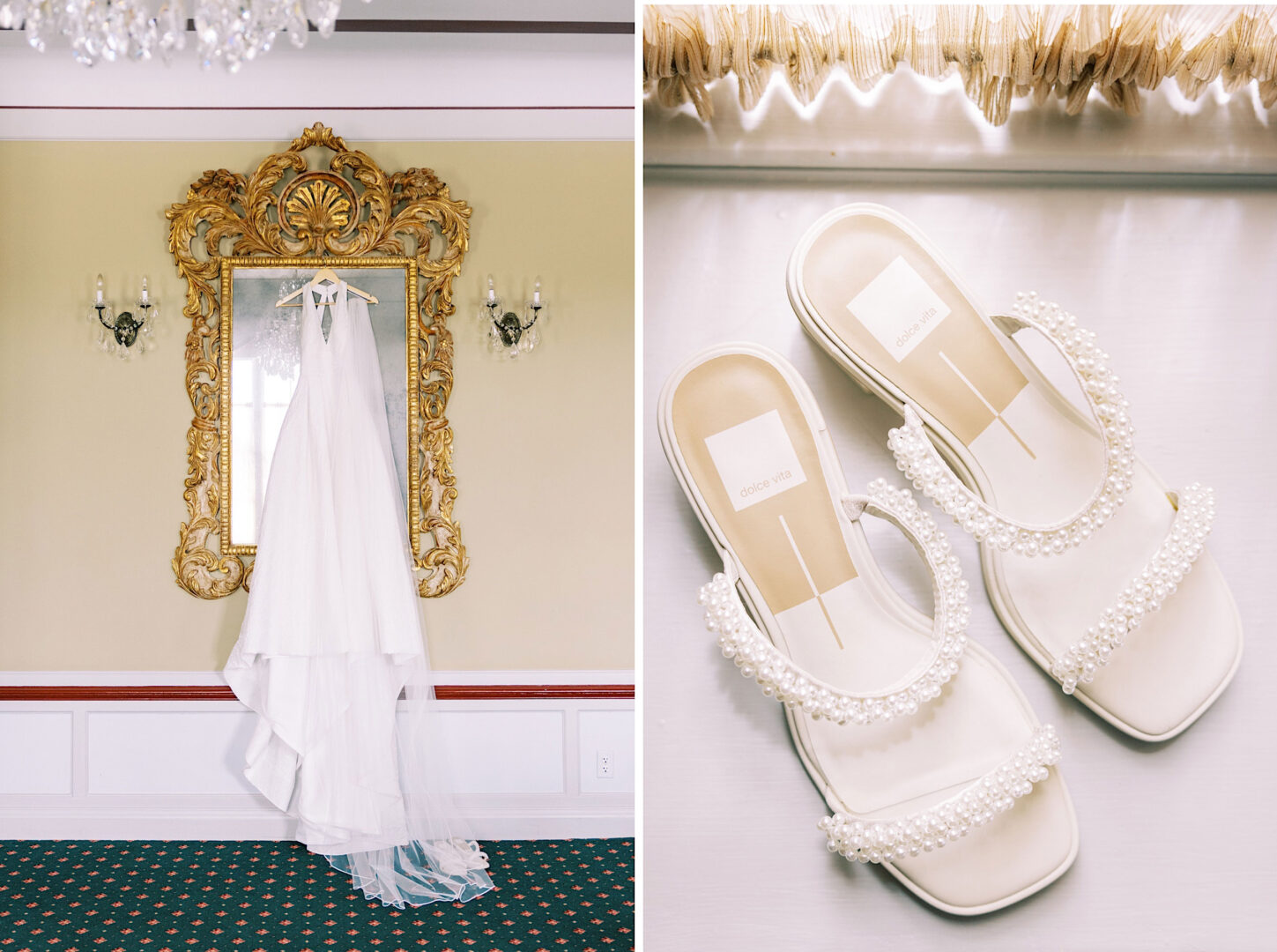 A wedding dress and veil hanging on a mirror next to a pair of white sandals with pearl details create a picturesque scene for the Overbrook Golf Club Wedding in Villanova.