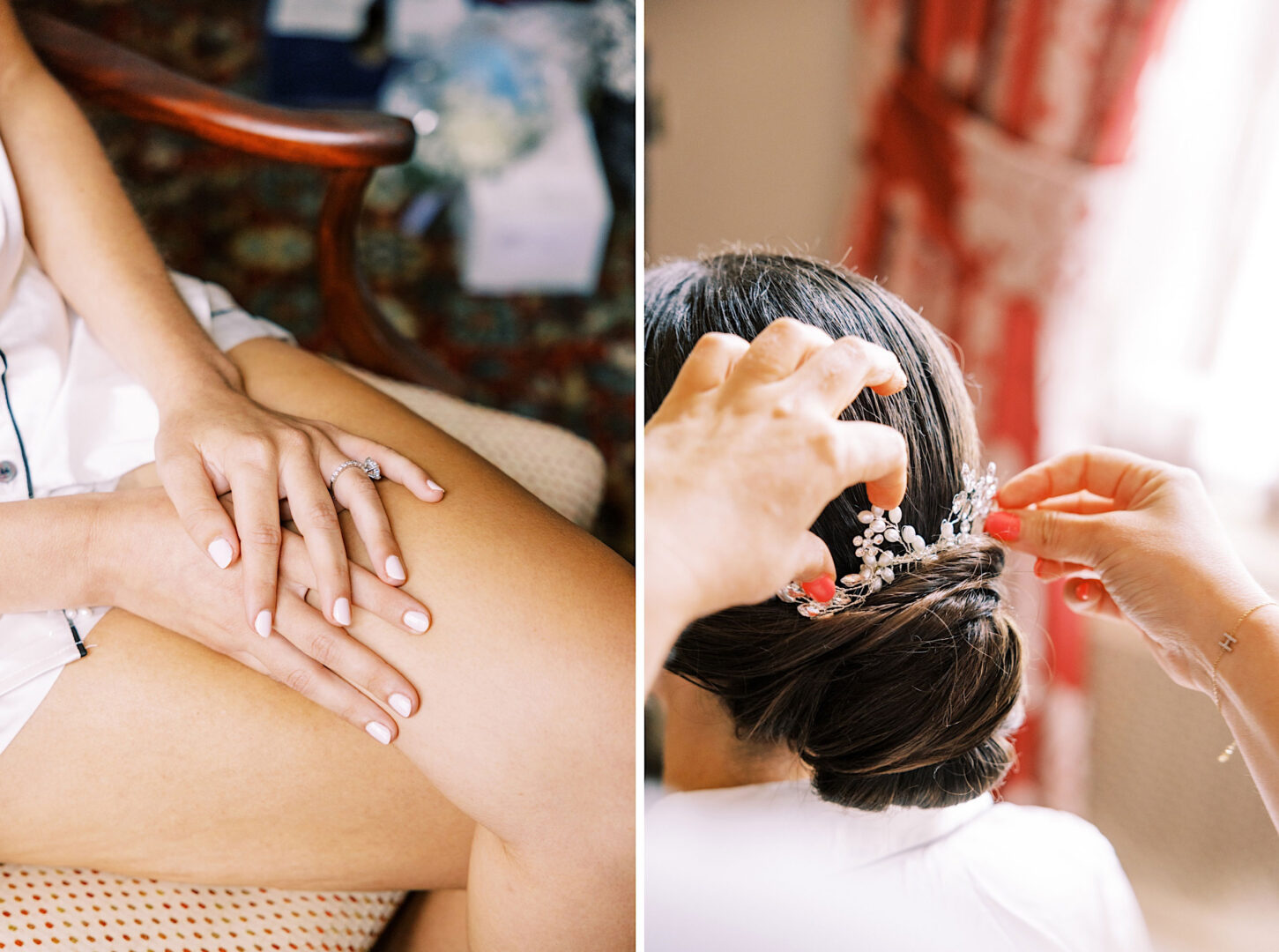 Left: Close-up of a person’s manicured hands and engagement ring resting on their knee. Right: Hands styling a person’s hair with a decorative hairpiece at an Overbrook Golf Club Wedding near Philadelphia.