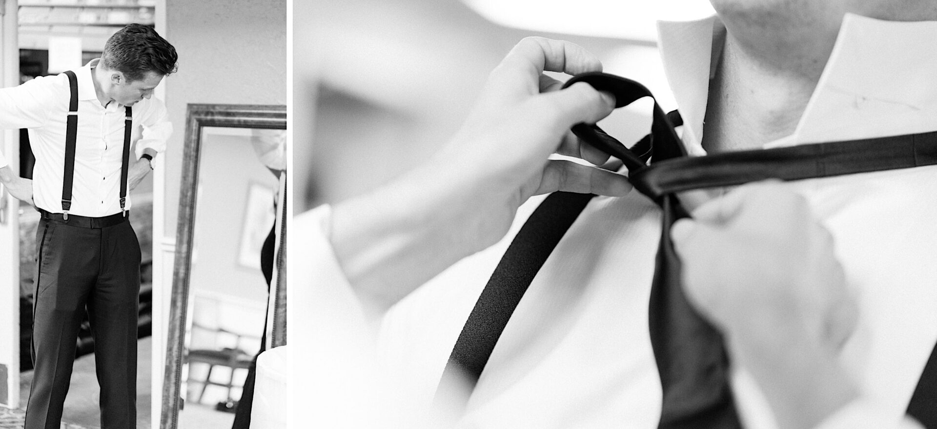 A black and white image captures a man in suspenders, adjusting his tie with precision. The close-up shows his hands meticulously tying the knot, leading to a full-body view of him in formal attire—perfectly attired for an elegant Overbrook Golf Club Wedding.