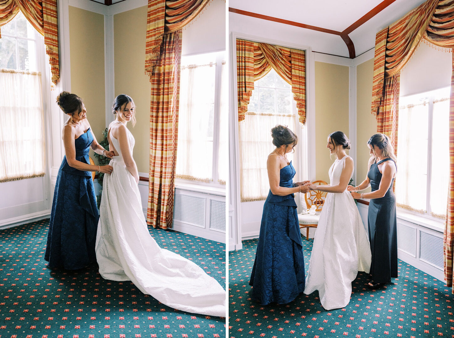 Two women assist a bride with her white dress in a room adorned with draped curtains and patterned carpet at an elegant Overbrook Golf Club wedding.