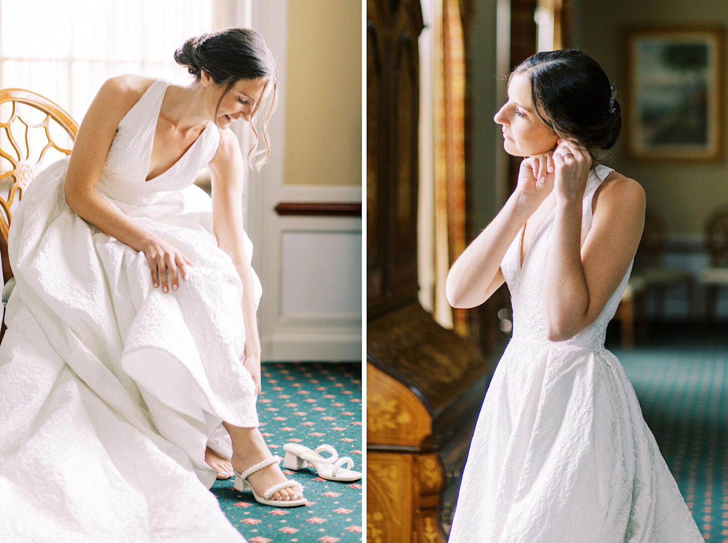 A bride in a white textured gown is seen in a split image: on the left, adjusting her shoe at Overbrook Golf Club, and on the right, fastening an earring before her Philadelphia wedding.