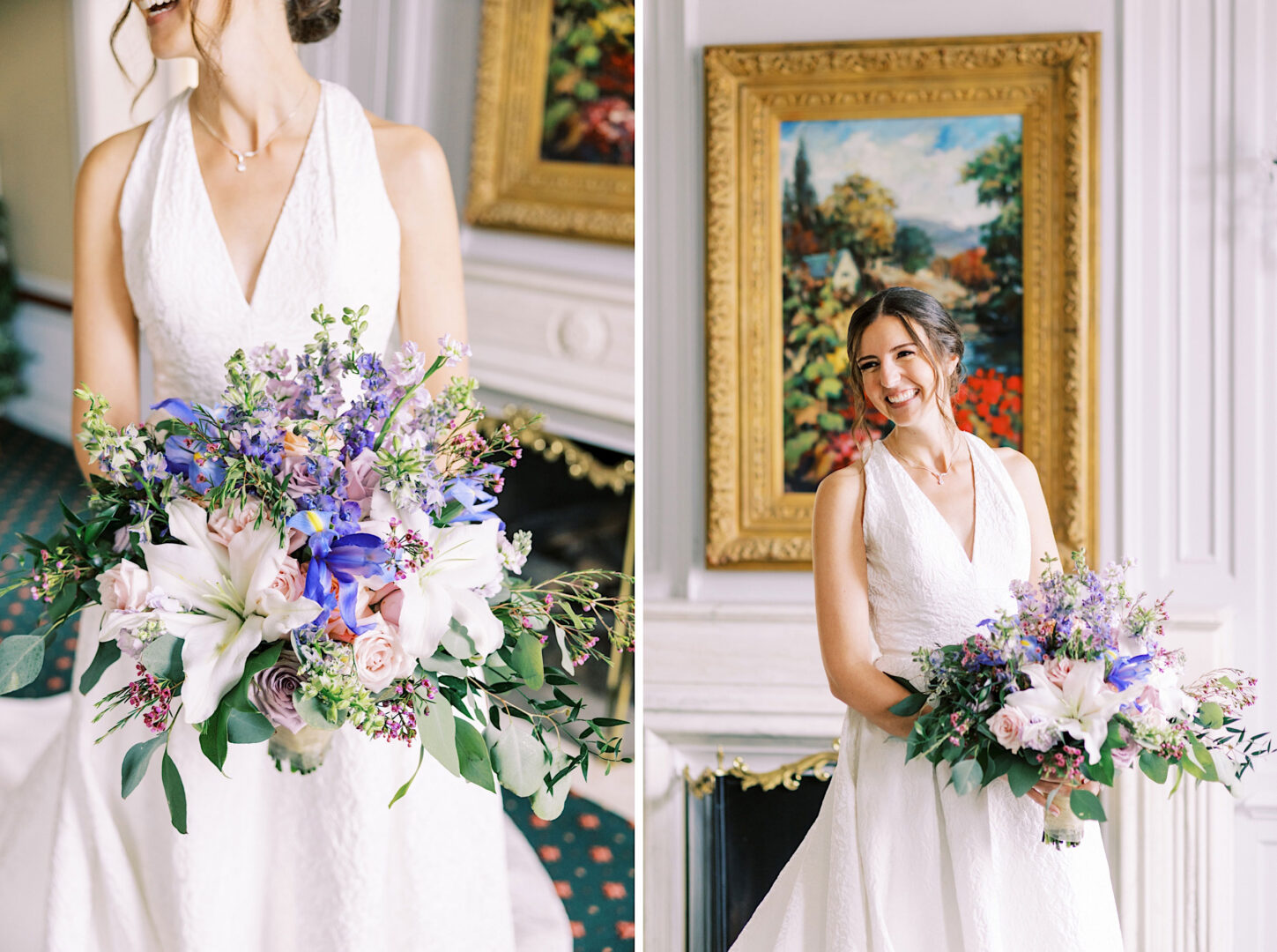 A woman in a white dress holds a colorful bouquet of flowers. She stands indoors in front of a white fireplace and framed artwork, smiling radiantly at her Overbrook Golf Club Wedding in Philadelphia.