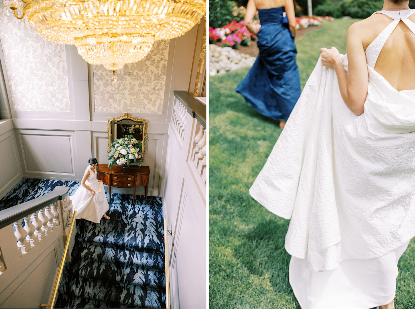 A bride descends a staircase indoors, while another image shows a close-up of her holding the hem of her dress outdoors on the lush grass at Overbrook Golf Club.