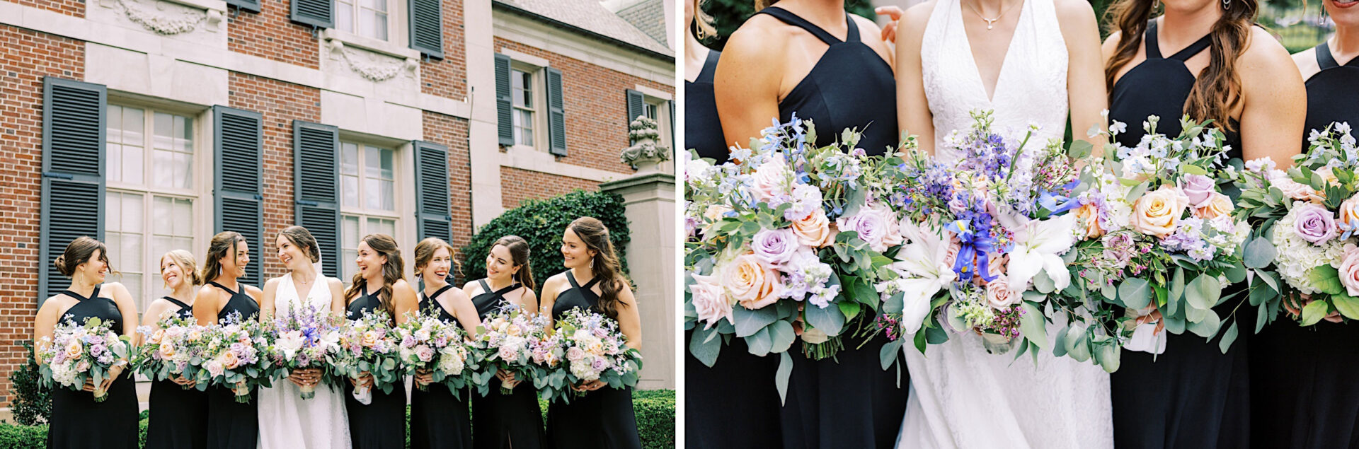 A bride and six bridesmaids pose with floral bouquets in front of a brick building at the Overbrook Golf Club Wedding in Villanova. The bride dazzles in a white gown, while the bridesmaids stun in black dresses.