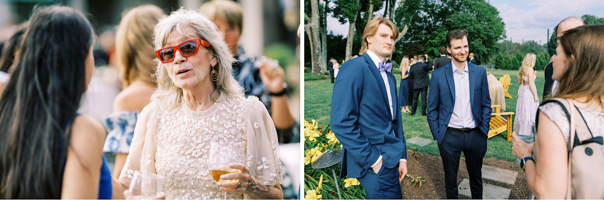 Left: A woman in red sunglasses and a white beaded top holds a glass while conversing at an outdoor event. Right: Three men in suits and a woman stand and talk near a garden area at the same Overbrook Golf Club wedding in Philadelphia.