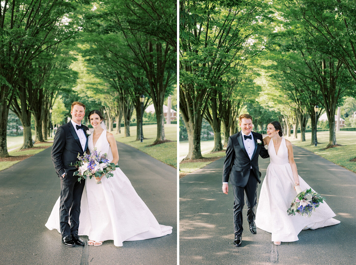 A couple in formal attire poses together and walks along a tree-lined path at Overbrook Golf Club on a sunny day, with the woman holding a bouquet of flowers.