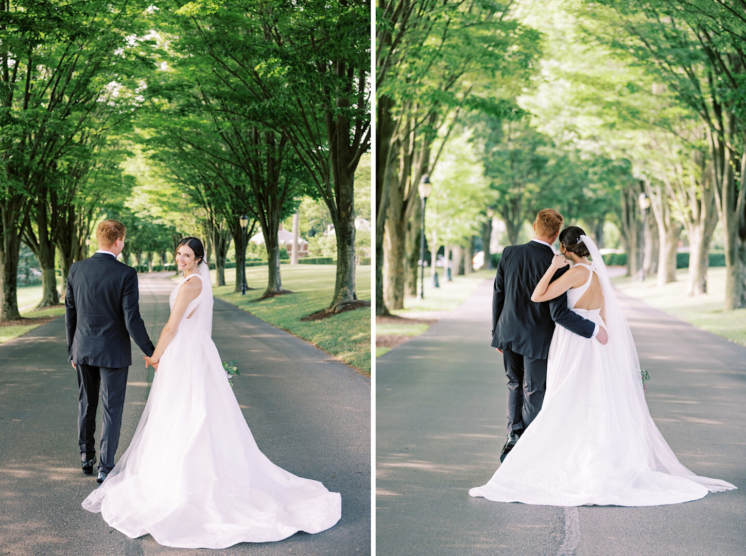 A couple in wedding attire walks down a tree-lined path. In the left image, they hold hands and face the camera. In the right image, taken at their Overbrook Golf Club Wedding near Villanova, the groom has his arm around the bride as they walk away.