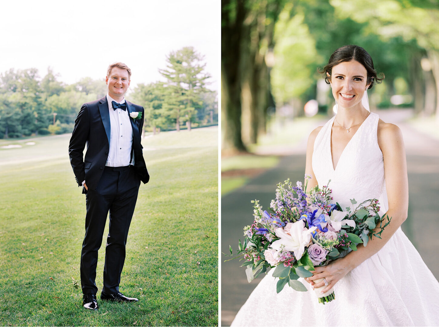 A groom in a black tuxedo stands on a grassy lawn; a bride in a white dress holds a bouquet of flowers on a tree-lined path at an enchanting Overbrook Golf Club wedding in Villanova, Philadelphia.