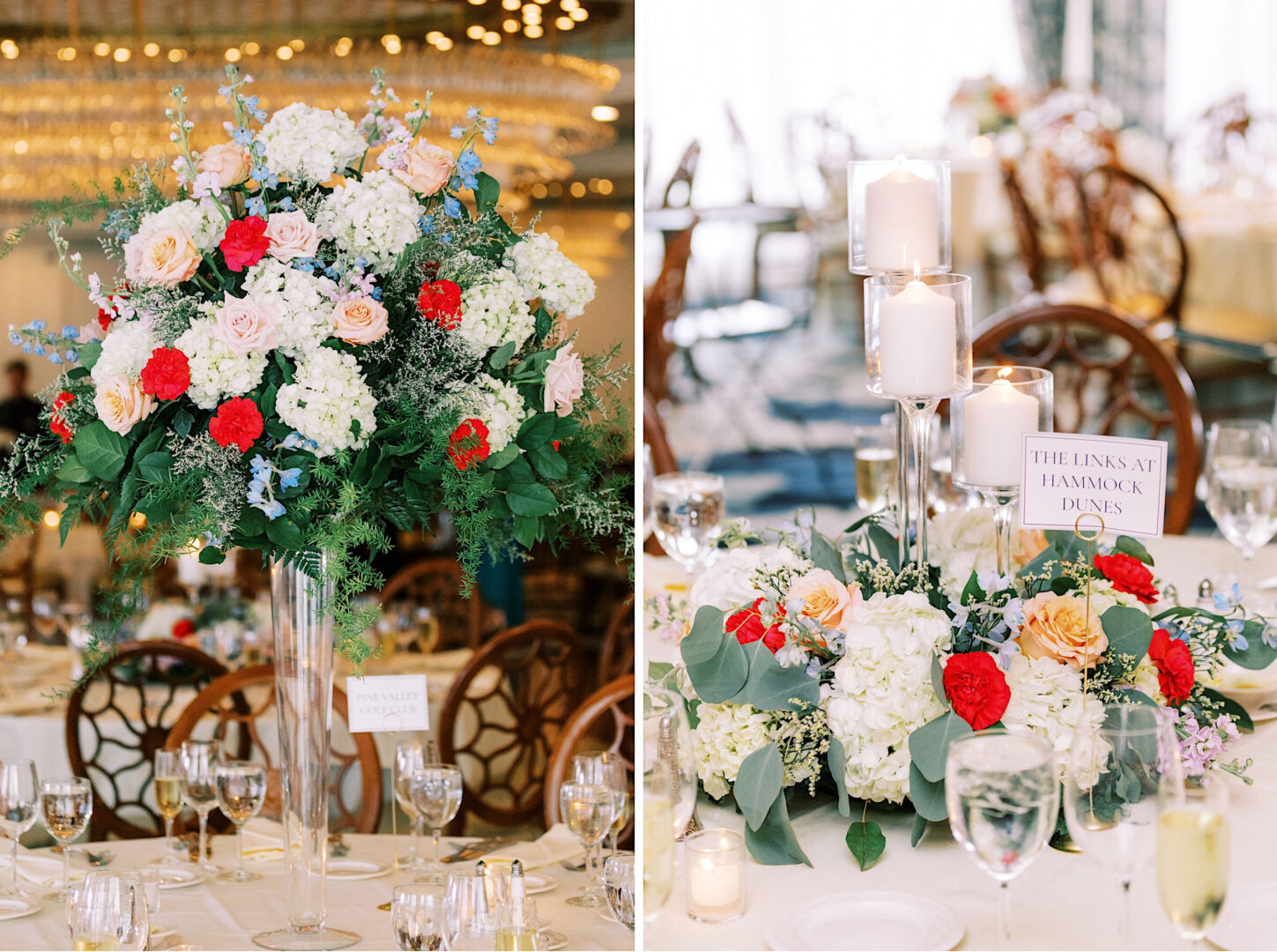 At an Overbrook Golf Club Wedding near Philadelphia, the tables featured two elegant centerpieces: a large floral arrangement in a tall vase and another with flowers and candles on a lower base. Each setting was completed with wine glasses and meticulously arranged place settings, perfect for this Villanova celebration.